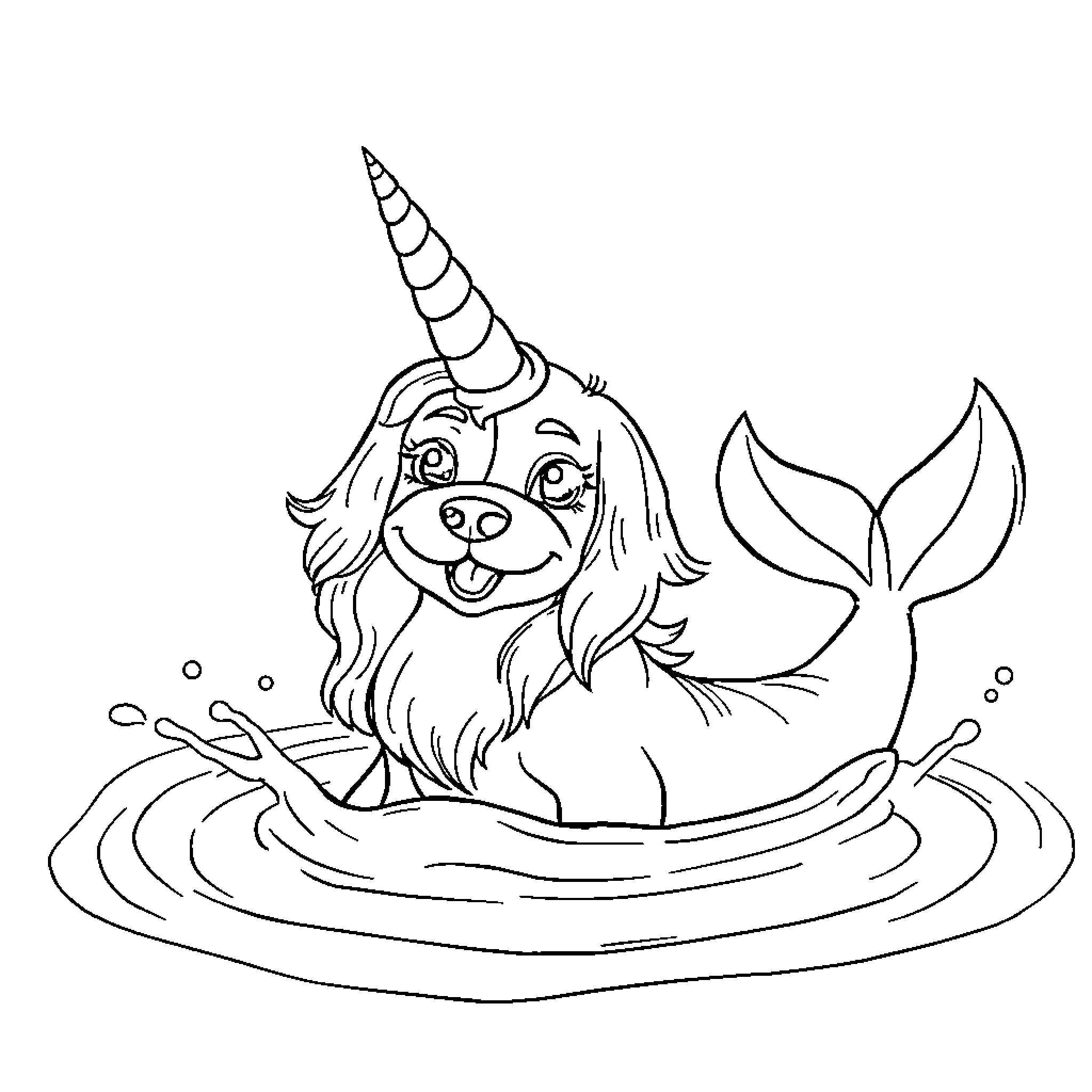 Mermaid Dog playfully swimming in the water Coloring Page (free black-and-white line drawing printable PDF for all, from beginners to advanced learners, including children, teens, adults, and seniors)