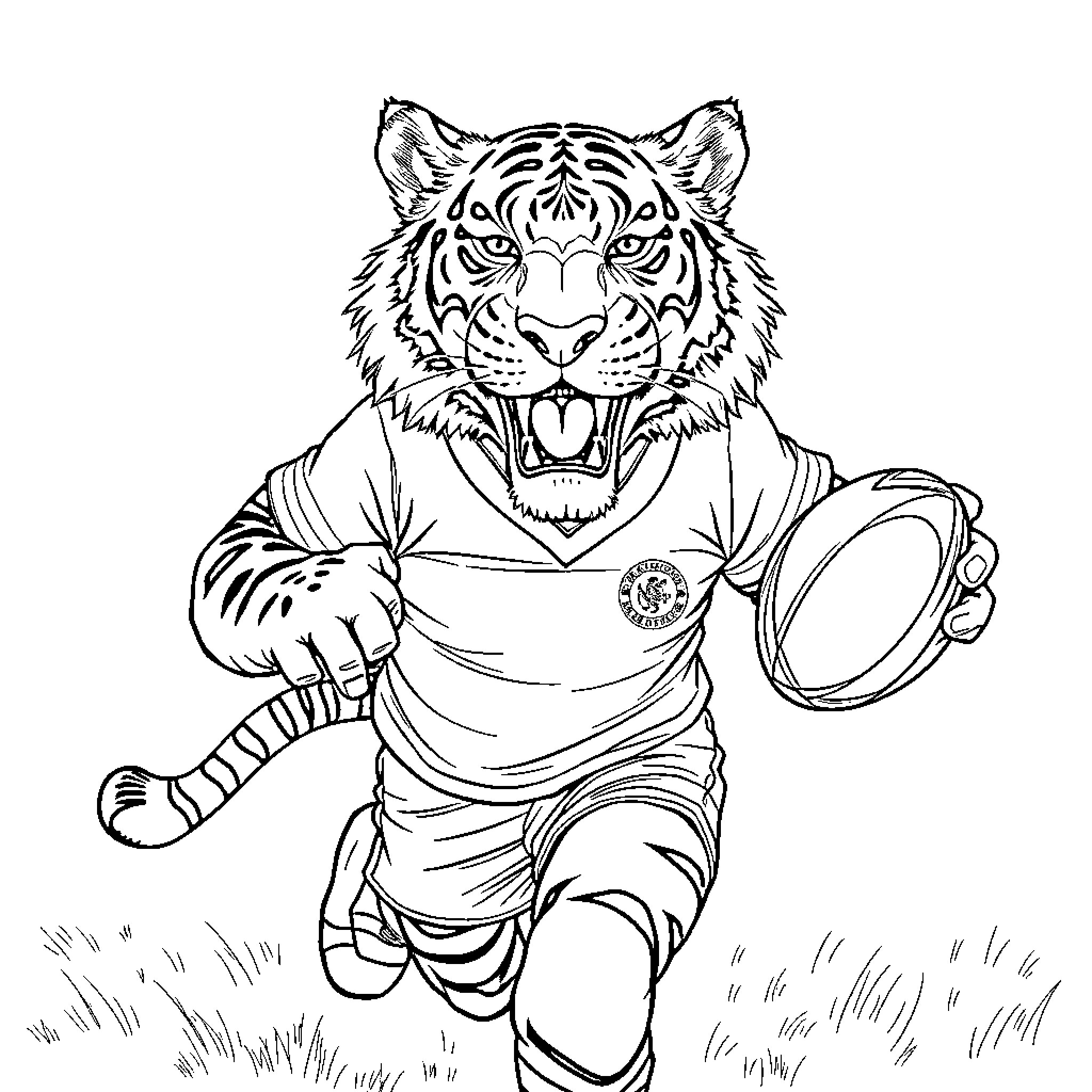 Tiger playing rugby on the field Coloring Page (free black-and-white line drawing printable PDF for all, from beginners to advanced learners, including children, teens, adults, and seniors)