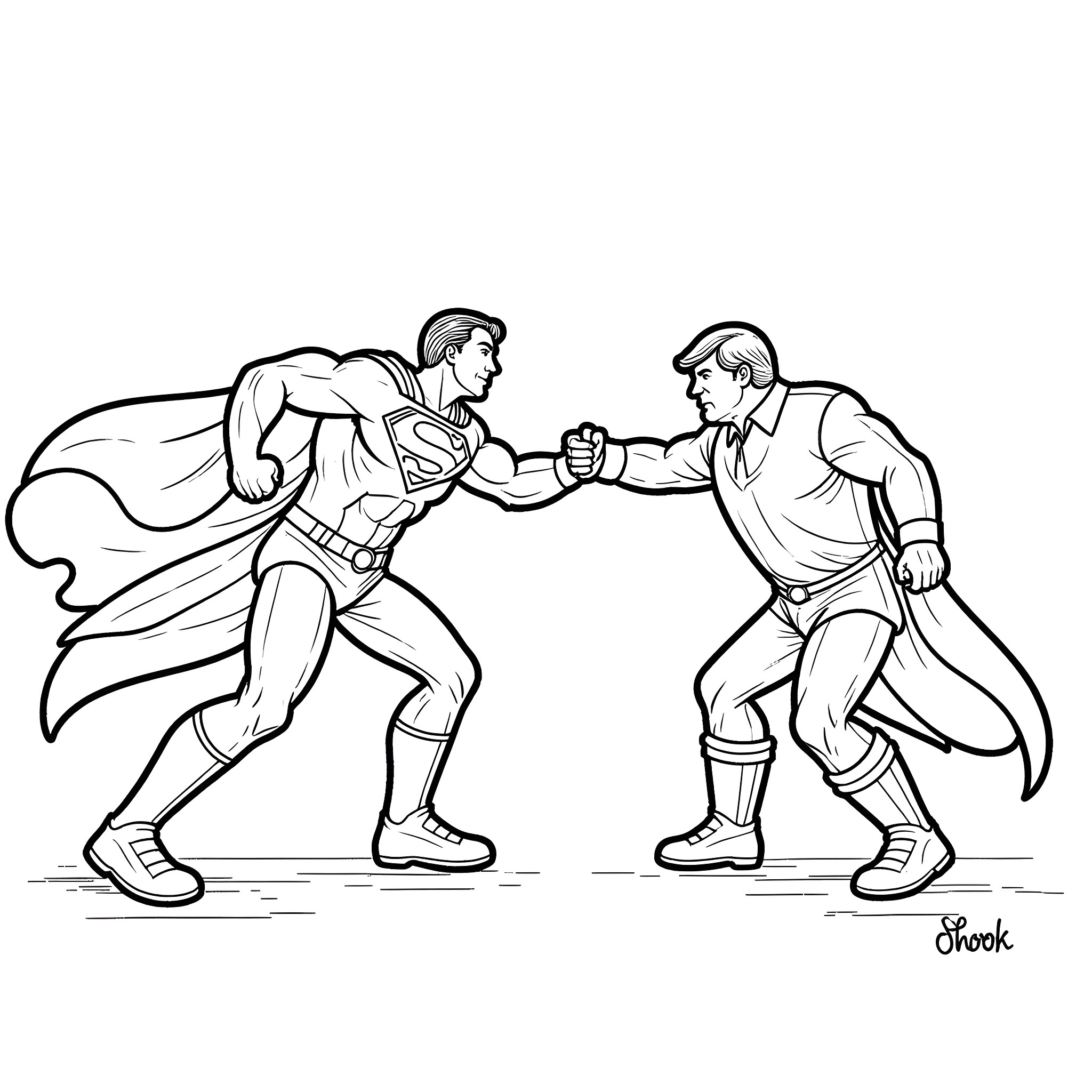 Superman in heroic battle with adversary Coloring Page (free black-and-white line drawing printable PDF for all, from beginners to advanced learners, including children, teens, adults, and seniors)