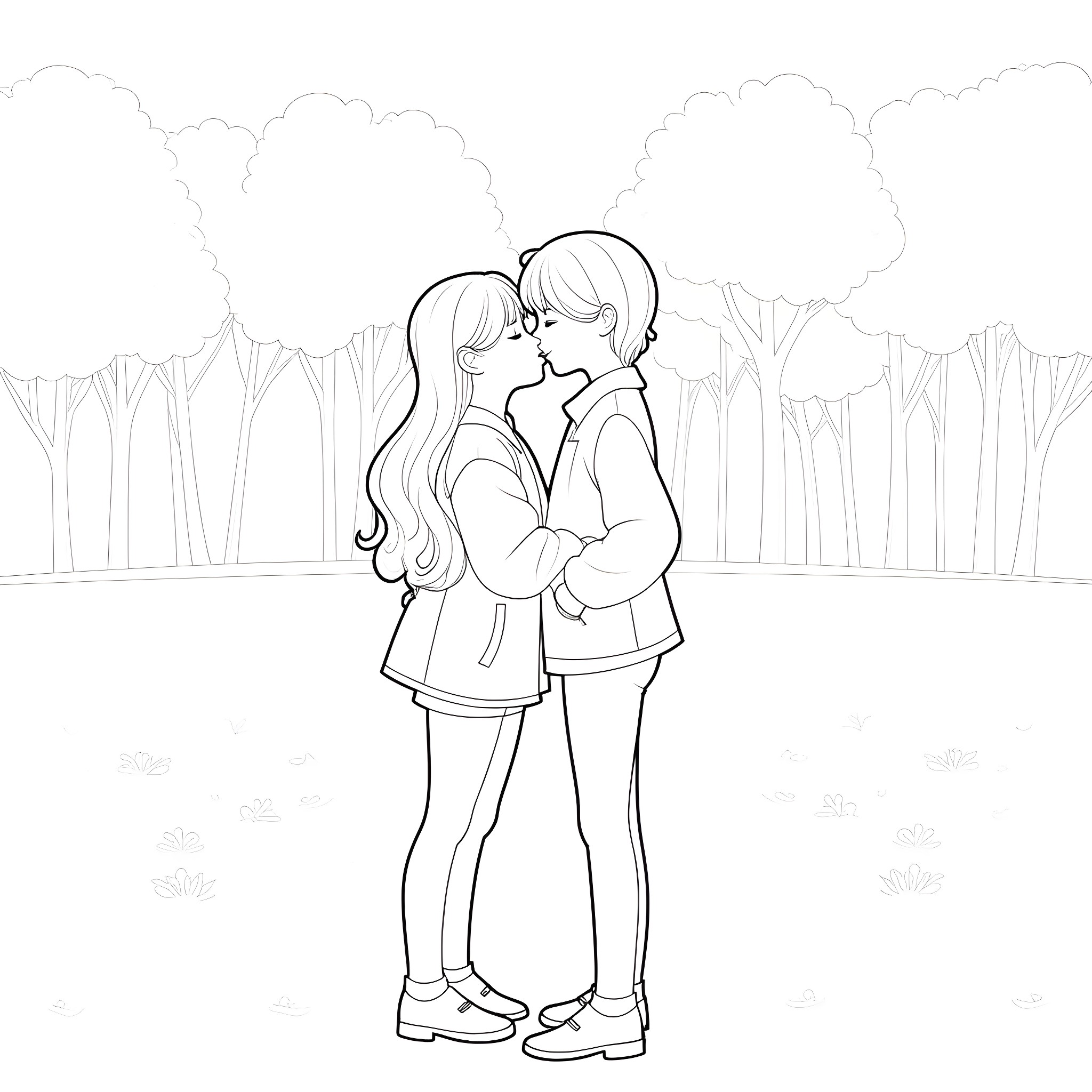 Girl and boy kissing in the park Coloring Page (free black-and-white line drawing printable PDF for all, from beginners to advanced learners, including children, teens, adults, and seniors)