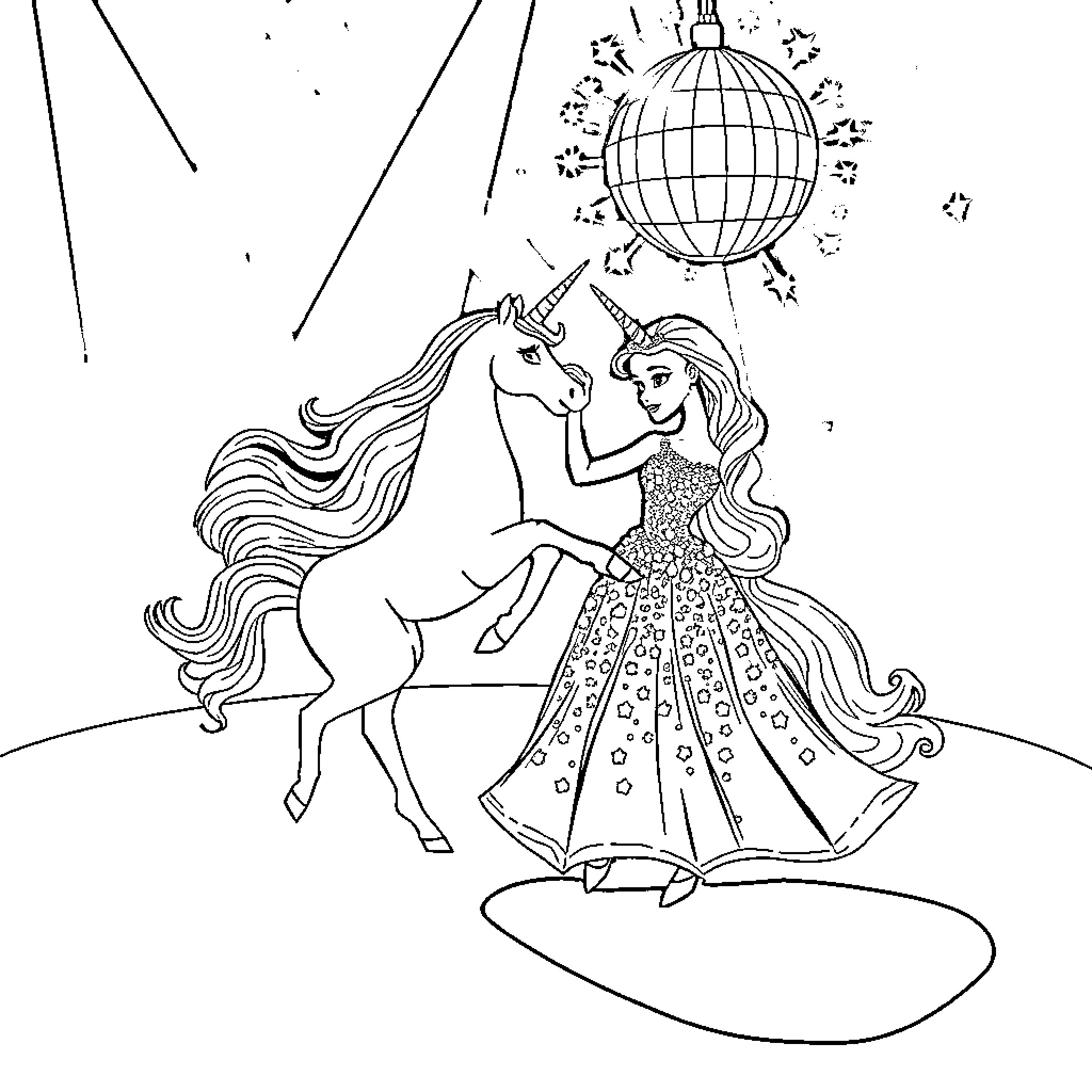 Princess Dancing with Magical Unicorn under Sparkling Lights Coloring Page (free black-and-white line drawing printable PDF for all, from beginners to advanced learners, including children, teens, adults, and seniors)