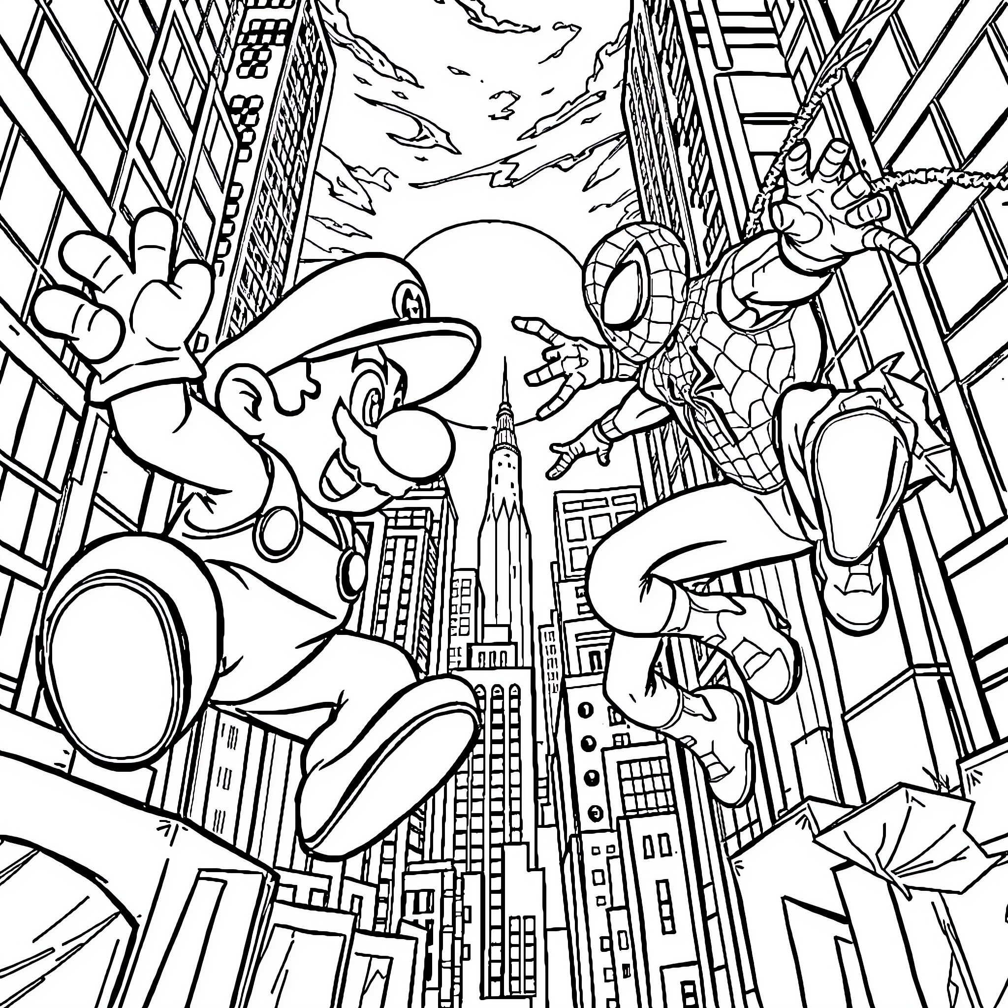 Mario's Heroic Adventure in the Big City Coloring Page (free black-and-white line drawing printable PDF for all, from beginners to advanced learners, including children, teens, adults, and seniors)