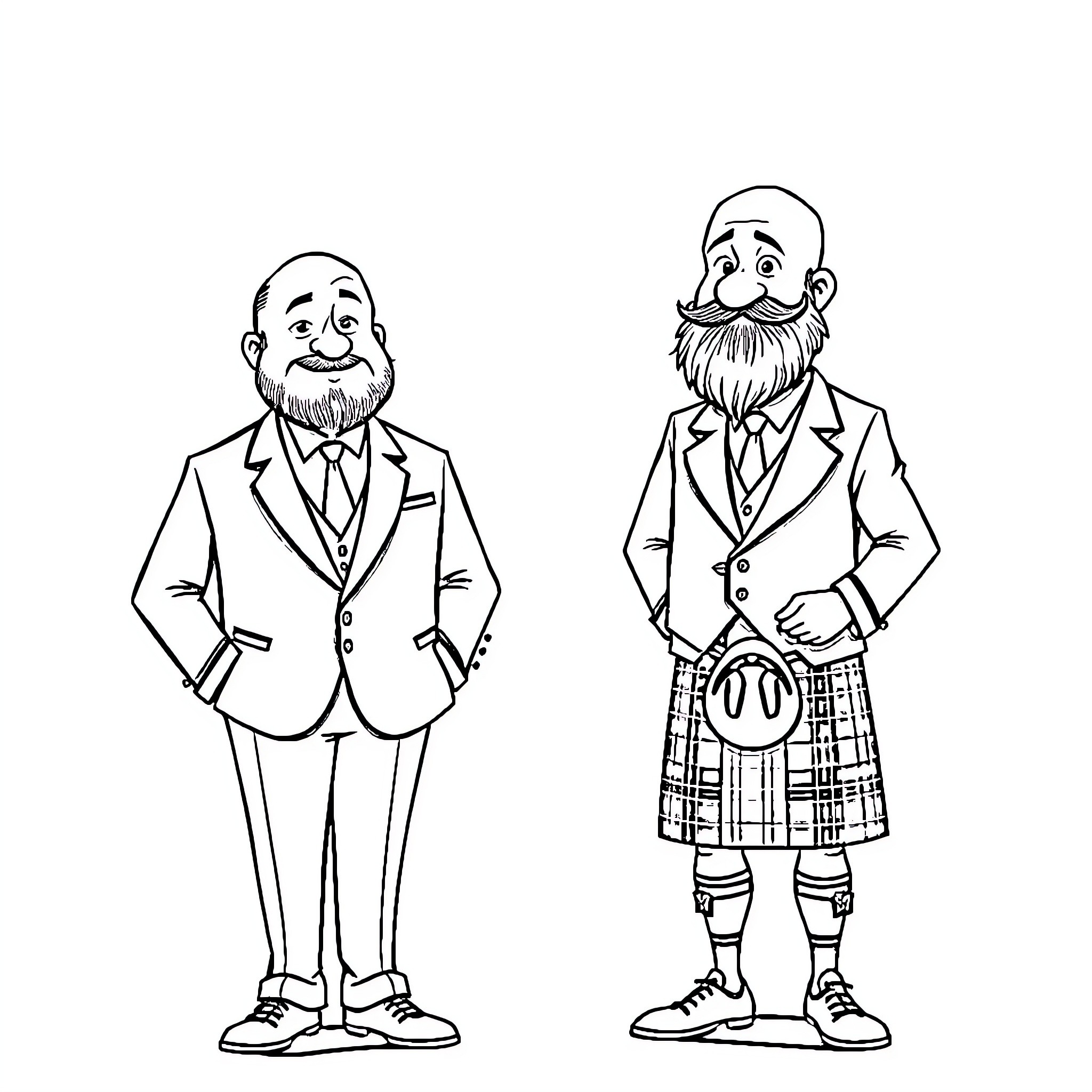 Groom and groomsman in formal attire Coloring Page (free black-and-white line drawing printable PDF for all, from beginners to advanced learners, including children, teens, adults, and seniors)
