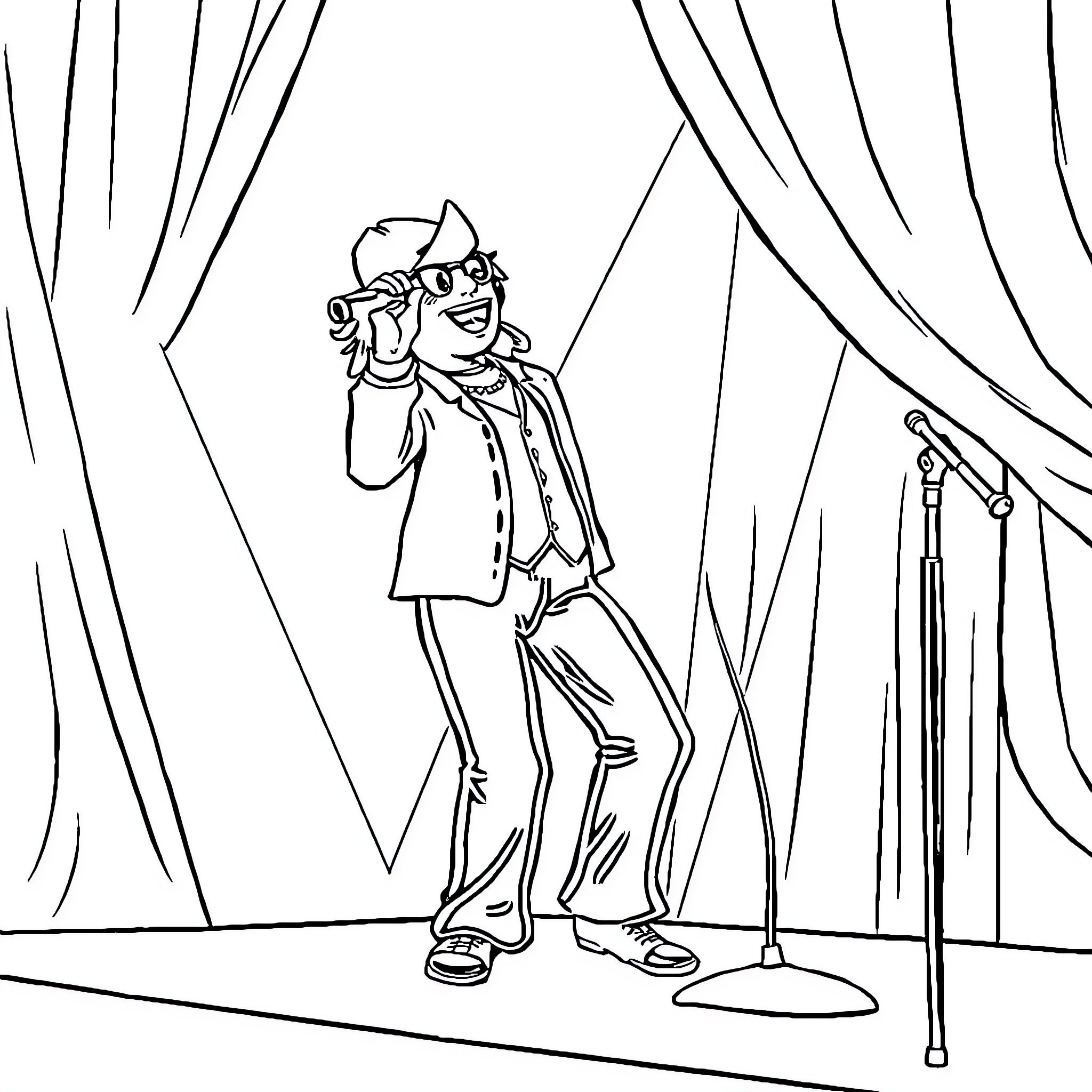 Peso Pluma performing on stage Coloring Page (free black-and-white line drawing printable PDF for all, from beginners to advanced learners, including children, teens, adults, and seniors)