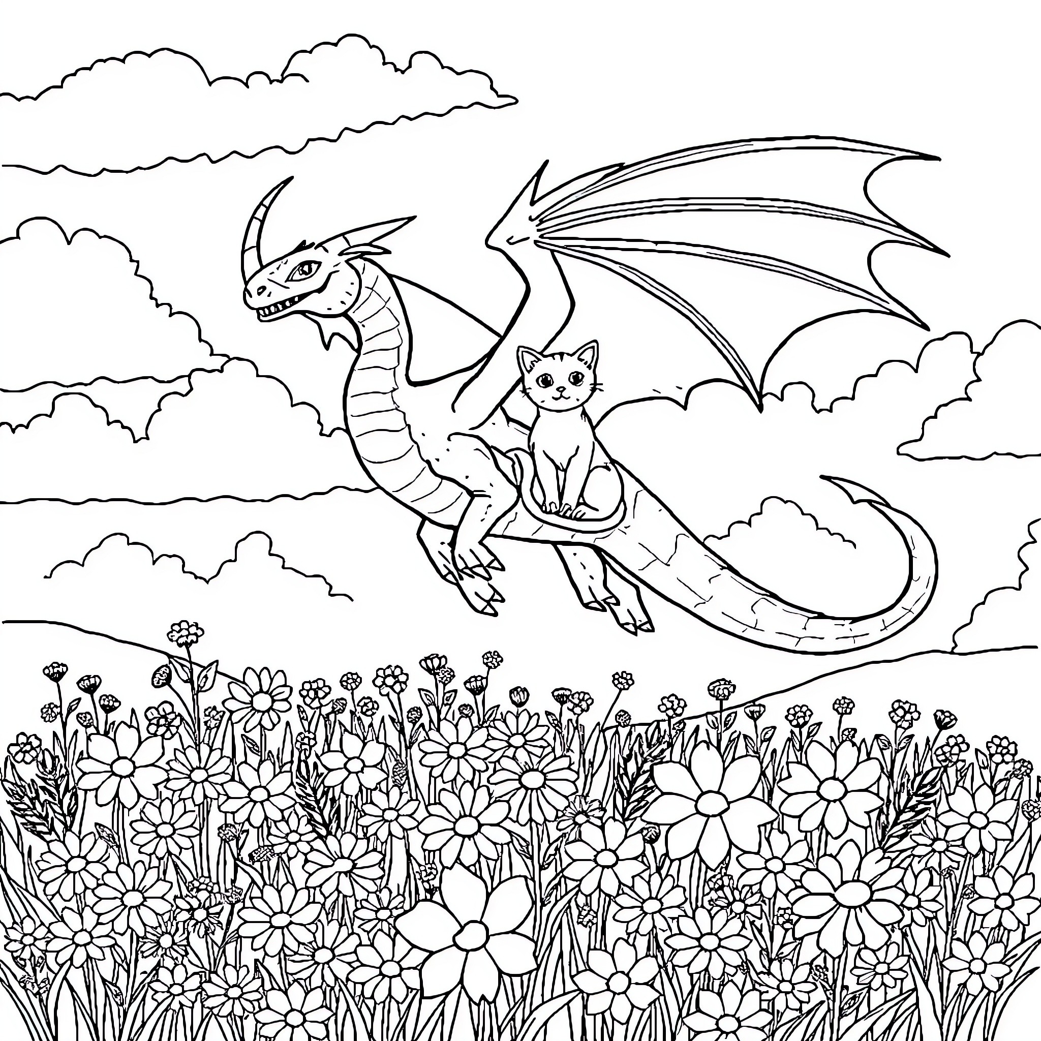 Dragon and cat ride together through the flowery meadow Coloring Page (free black-and-white line drawing printable PDF for all, from beginners to advanced learners, including children, teens, adults, and seniors)