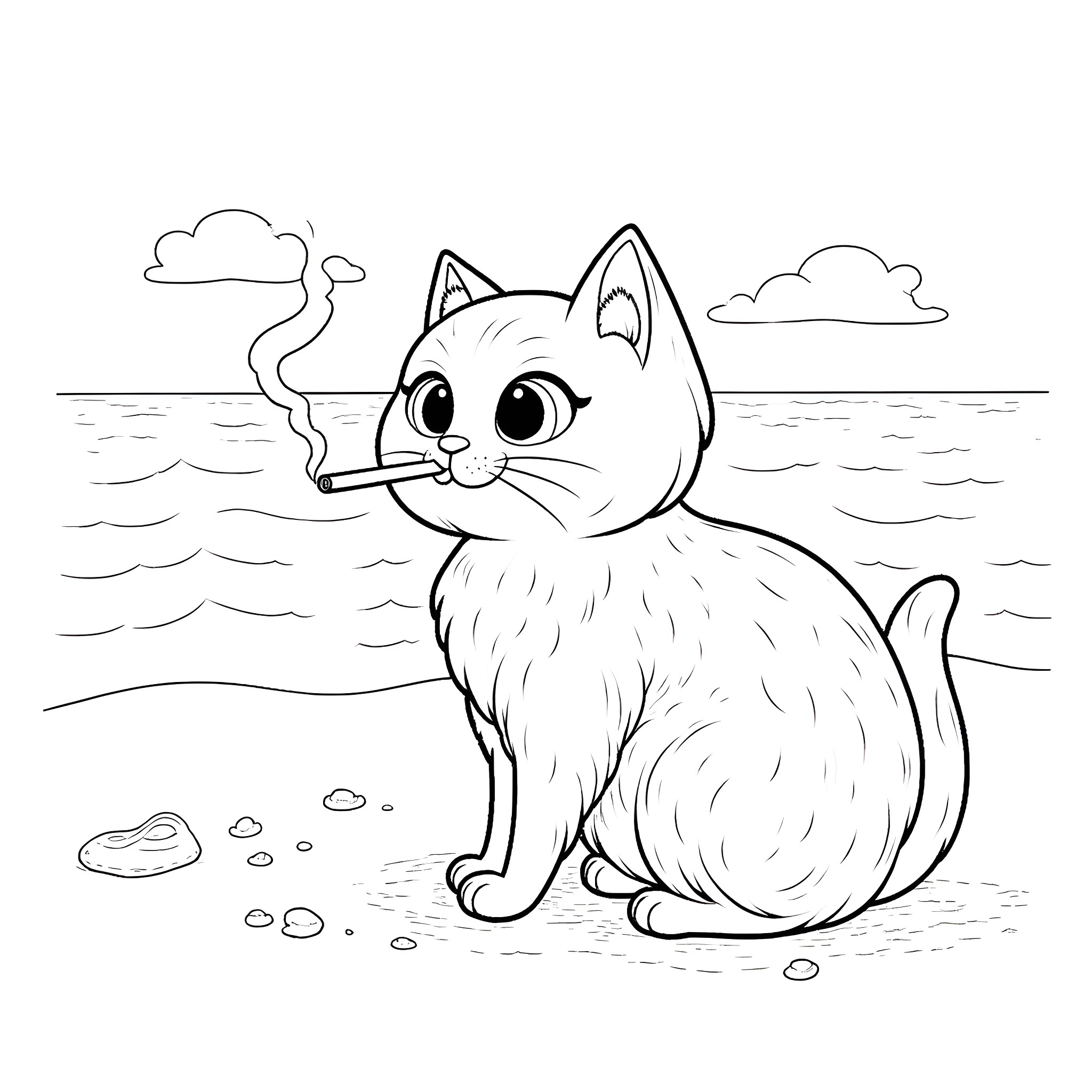 Cat playing with stick by the beach Coloring Page (free black-and-white line drawing printable PDF for all, from beginners to advanced learners, including children, teens, adults, and seniors)