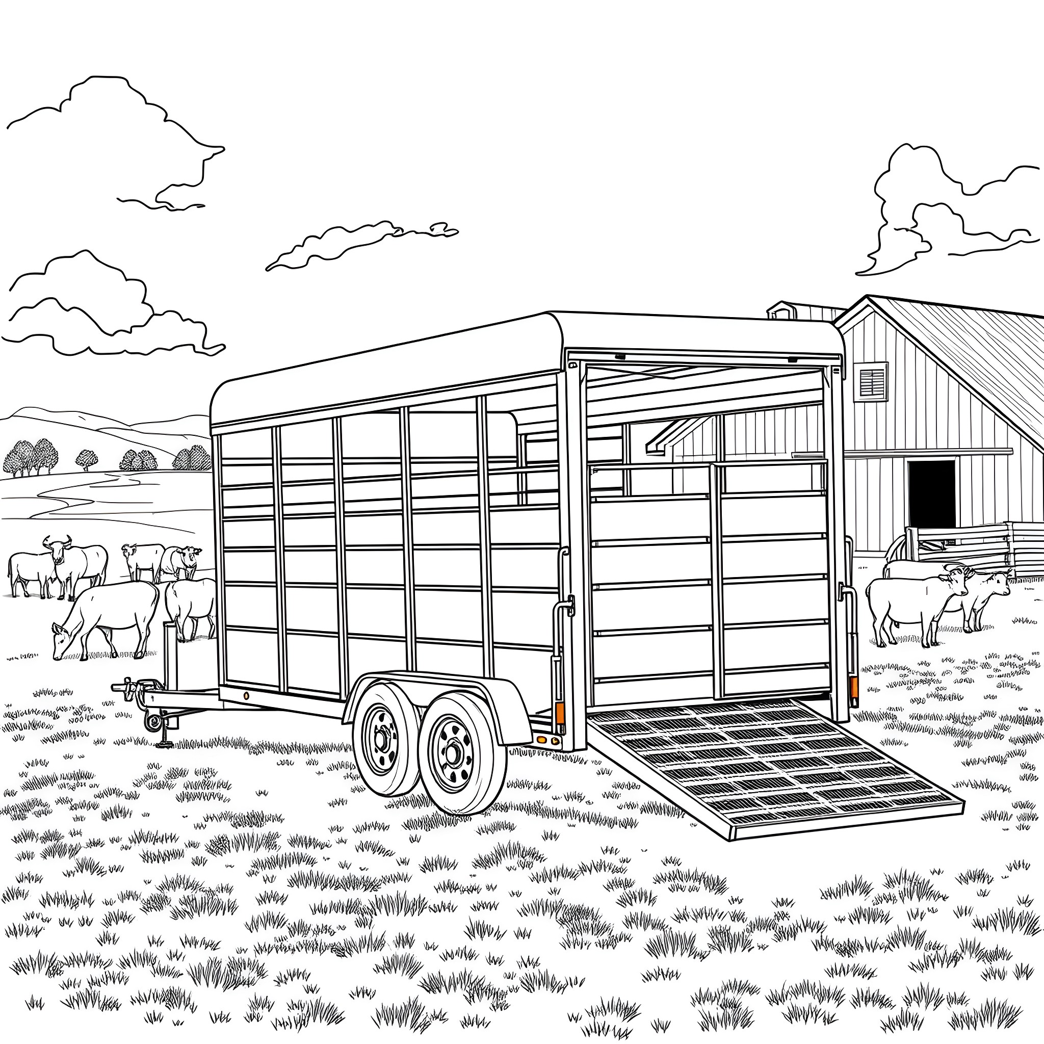 Gooseneck Trailer Transporting Livestock on a Rural Farm Coloring Page (free black-and-white line drawing printable PDF for all, from beginners to advanced learners, including children, teens, adults, and seniors)