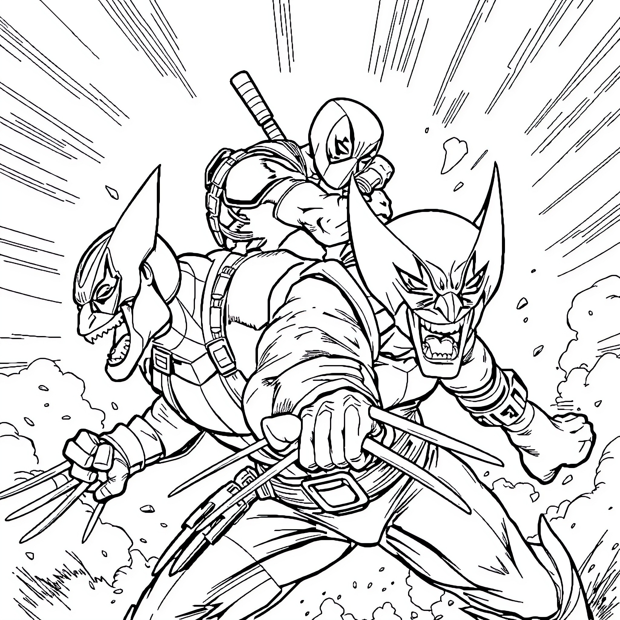 Deadpool in explosive action with fierce enemies Coloring Page (free black-and-white line drawing printable PDF for all, from beginners to advanced learners, including children, teens, adults, and seniors)