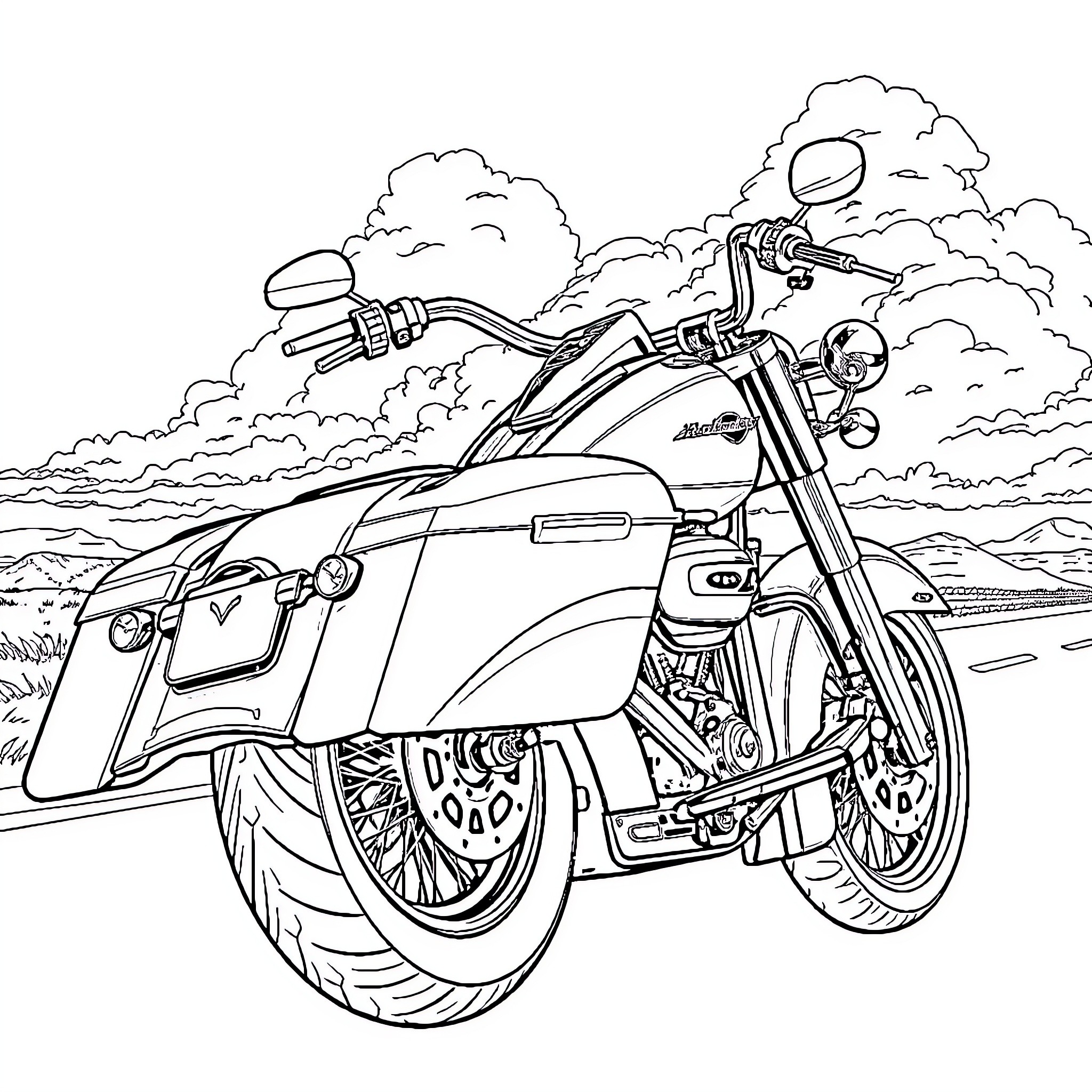 Harley riding motorcycle on scenic road Coloring Page (free black-and-white line drawing printable PDF for all, from beginners to advanced learners, including children, teens, adults, and seniors)