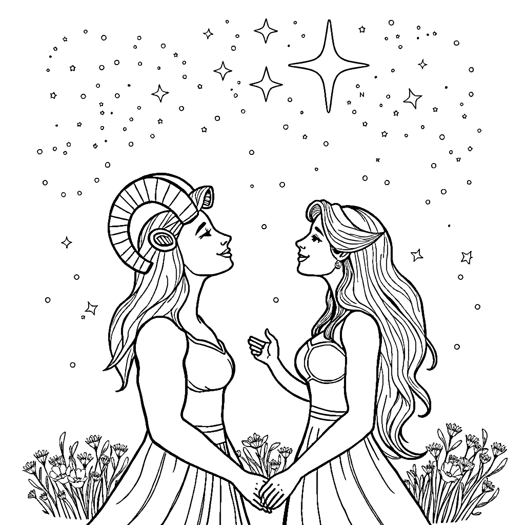 Aries: Two women in celestial embrace amidst the stars Coloring Page (free black-and-white line drawing printable PDF for all, from beginners to advanced learners, including children, teens, adults, and seniors)