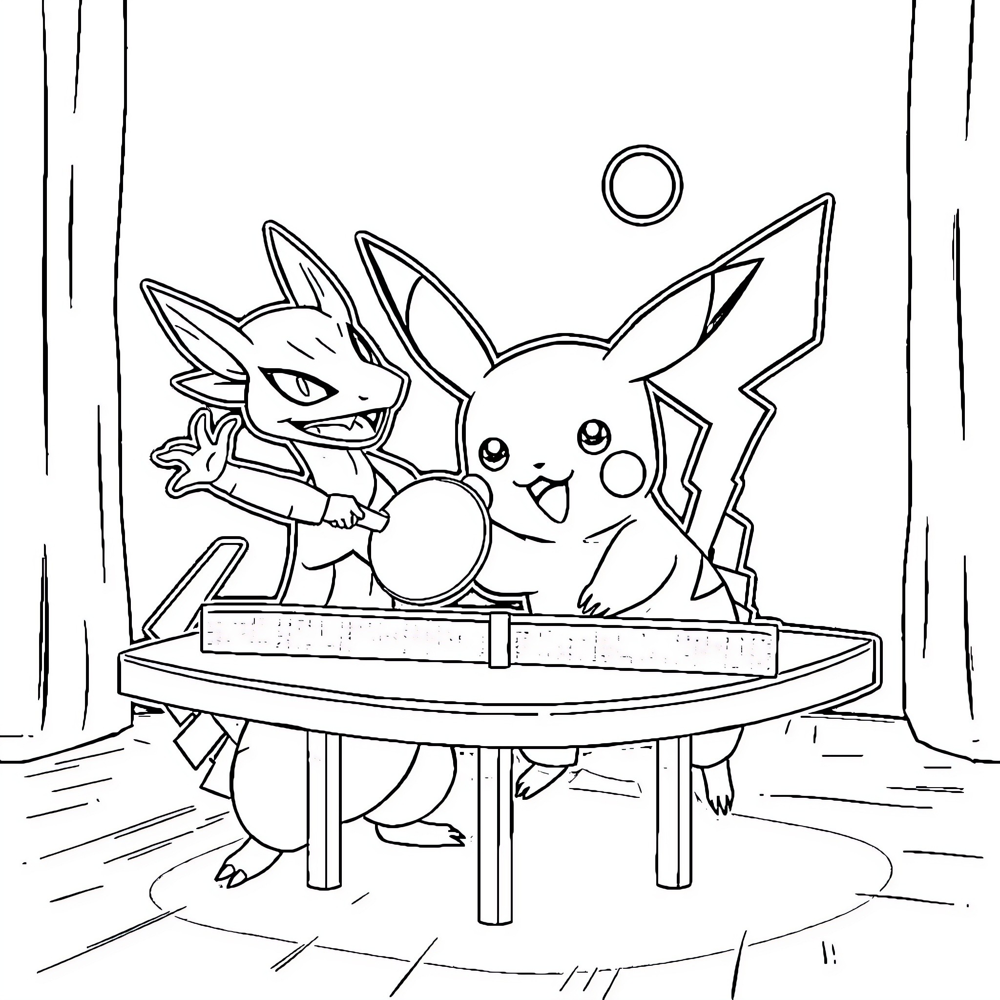 Pikachu and Lucario playing on a table Coloring Page (free black-and-white line drawing printable PDF for all, from beginners to advanced learners, including children, teens, adults, and seniors)