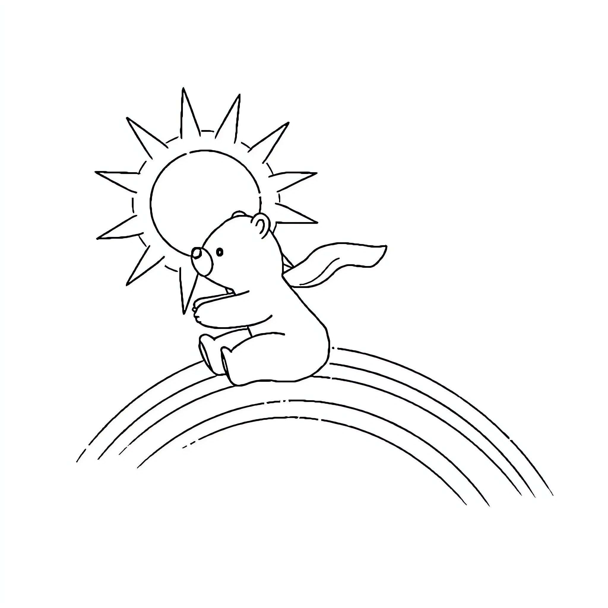 Sunshine Bear playing joyfully on a rainbow Coloring Page (free black-and-white line drawing printable PDF for all, from beginners to advanced learners, including children, teens, adults, and seniors)