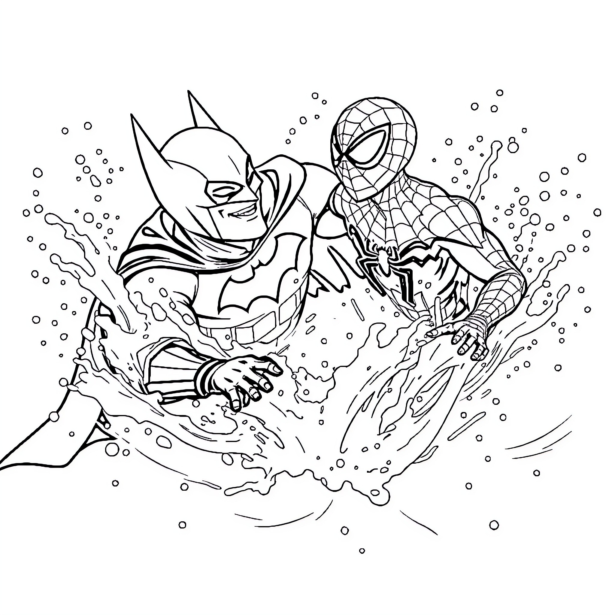 Batman and Spider-Man in Action-Packed Encounter Coloring Page (free black-and-white line drawing printable PDF for all, from beginners to advanced learners, including children, teens, adults, and seniors)