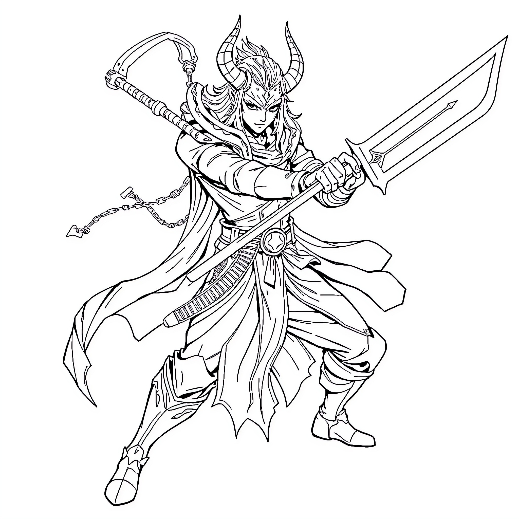 Doma warrior wielding sword and chains in battle pose Coloring Page (free black-and-white line drawing printable PDF for all, from beginners to advanced learners, including children, teens, adults, and seniors)