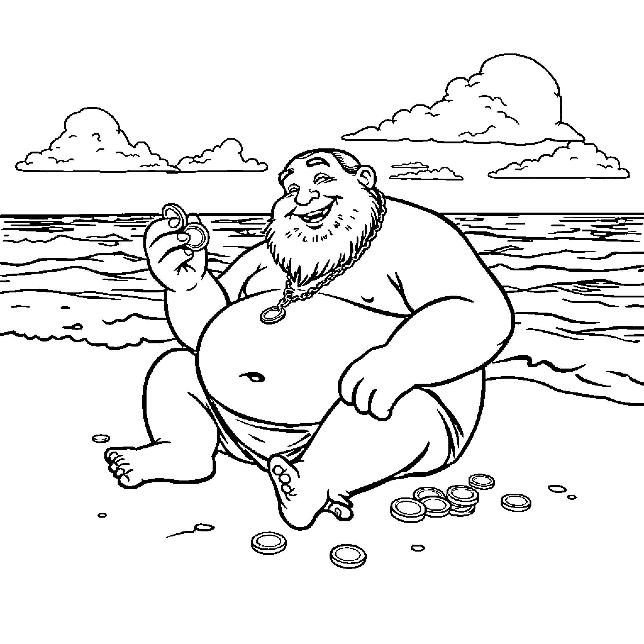 Man enjoying coins on the beach Coloring Page (free black-and-white line drawing printable PDF for all, from beginners to advanced learners, including children, teens, adults, and seniors)