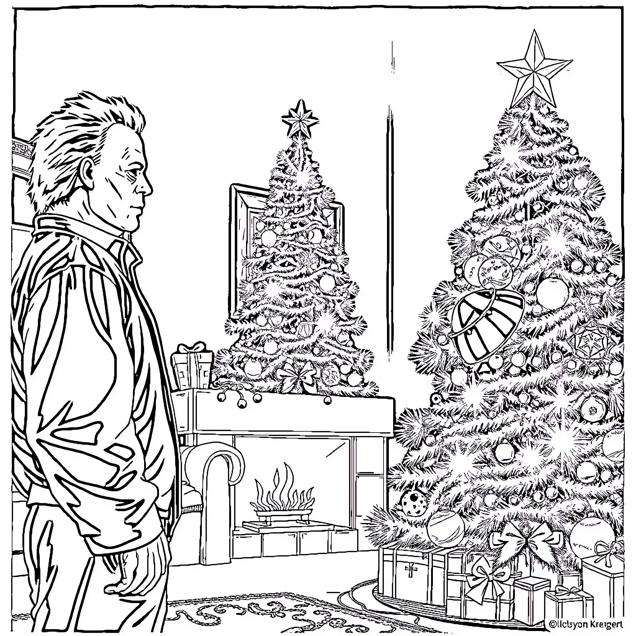 Michael Myers enjoys the Christmas season Coloring Page (free black-and-white line drawing printable PDF for all, from beginners to advanced learners, including children, teens, adults, and seniors)