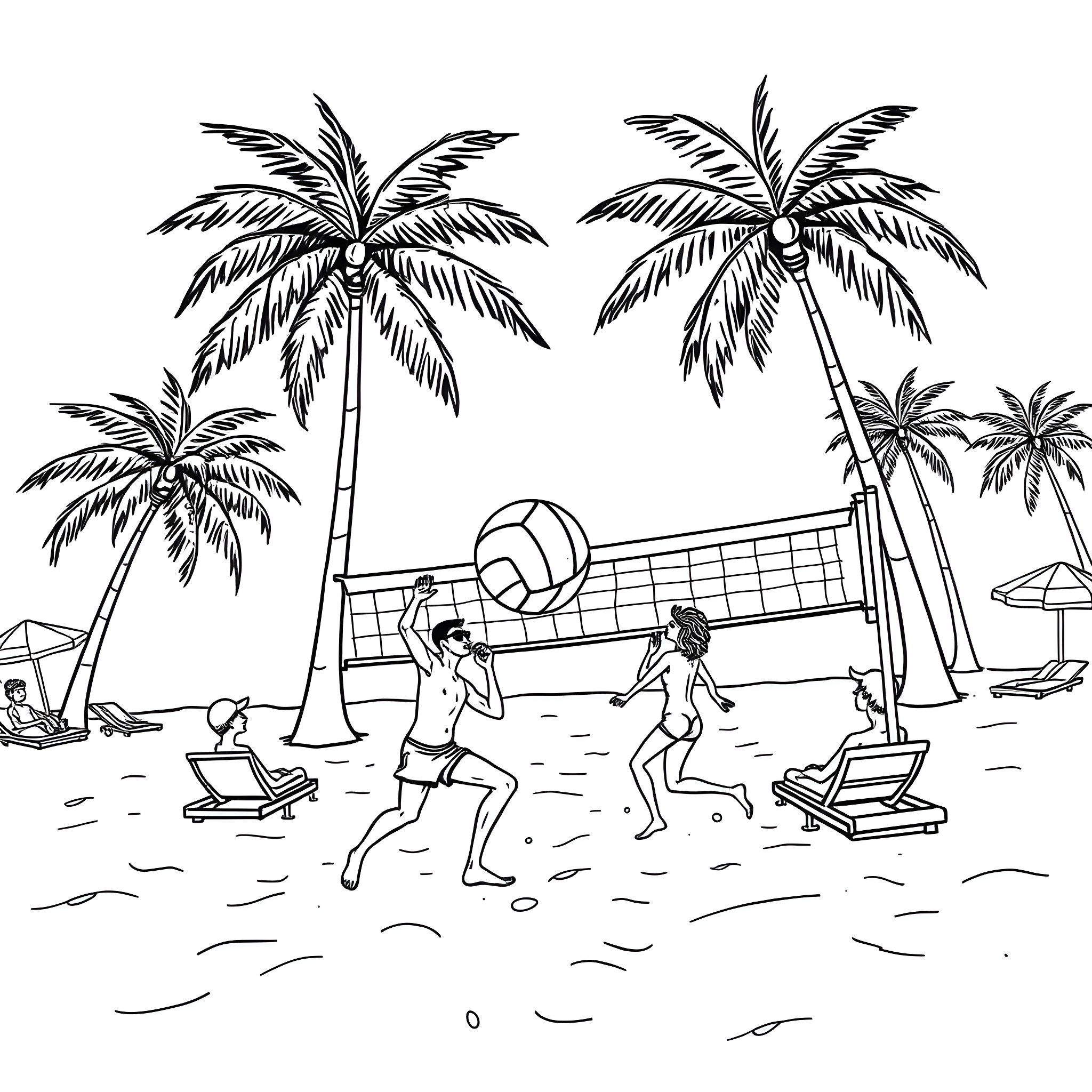 Glasses playing beach volleyball under palm trees Coloring Page (free black-and-white line drawing printable PDF for all, from beginners to advanced learners, including children, teens, adults, and seniors)