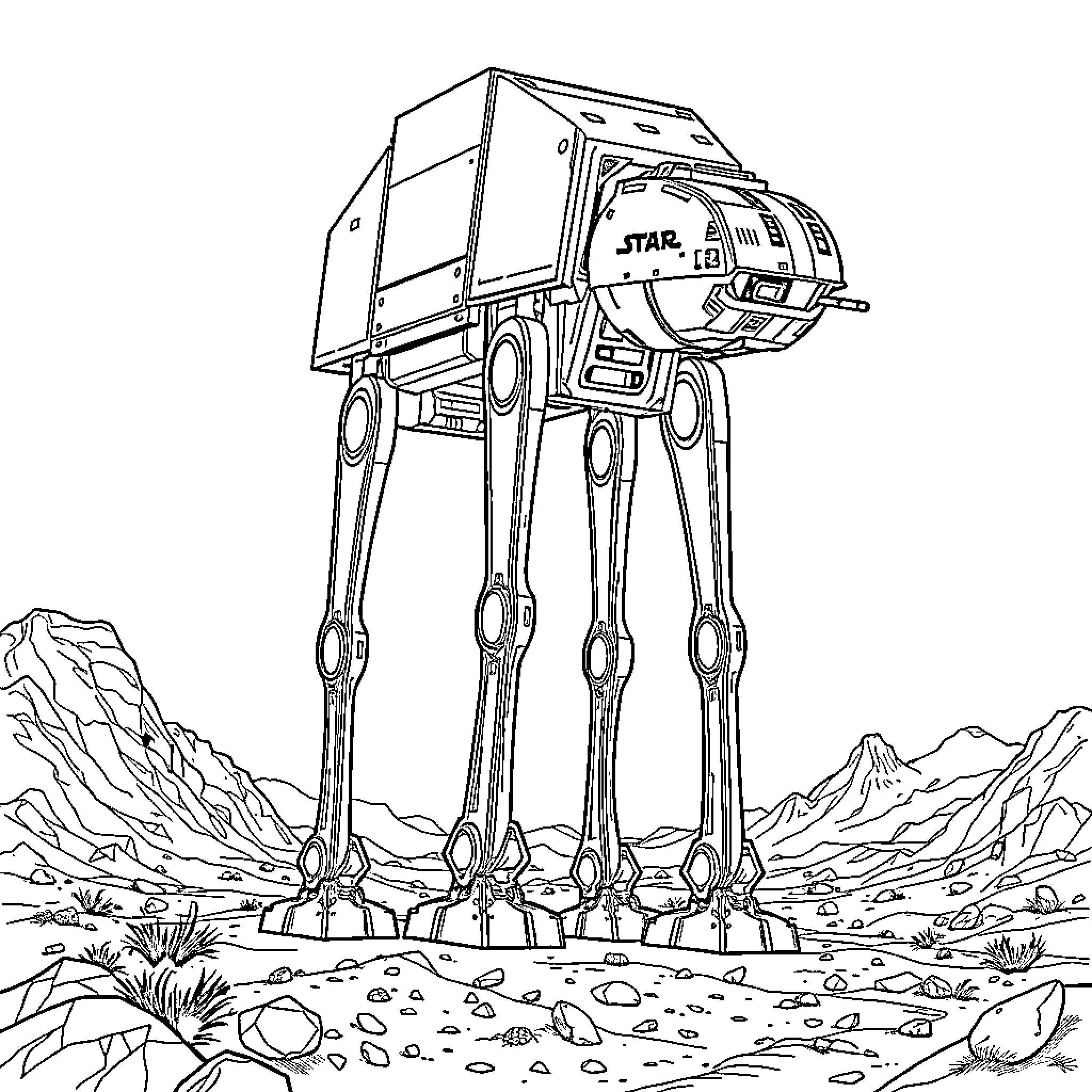 Walker exploring the alien landscape Coloring Page (free black-and-white line drawing printable PDF for all, from beginners to advanced learners, including children, teens, adults, and seniors)
