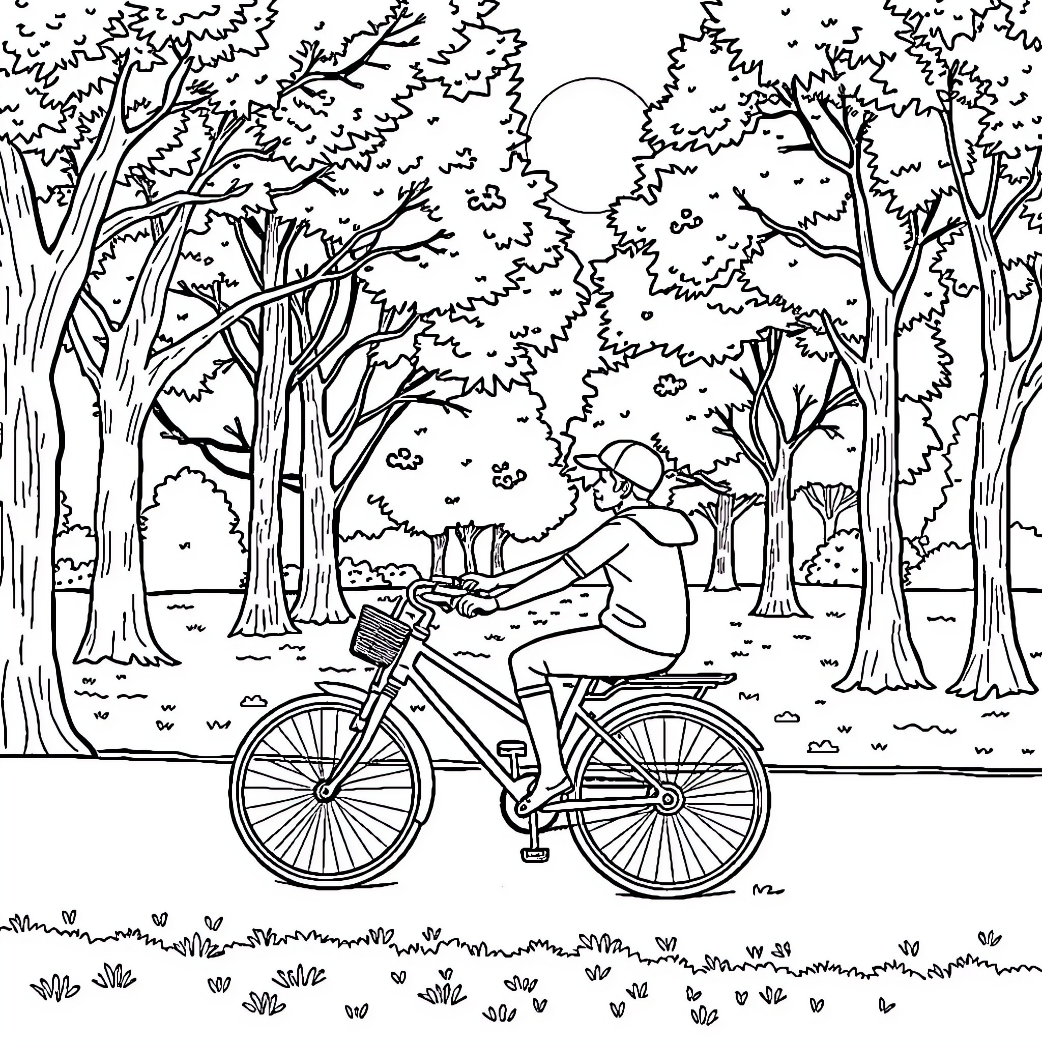 Bike ride through the peaceful forest Coloring Page (free black-and-white line drawing printable PDF for all, from beginners to advanced learners, including children, teens, adults, and seniors)