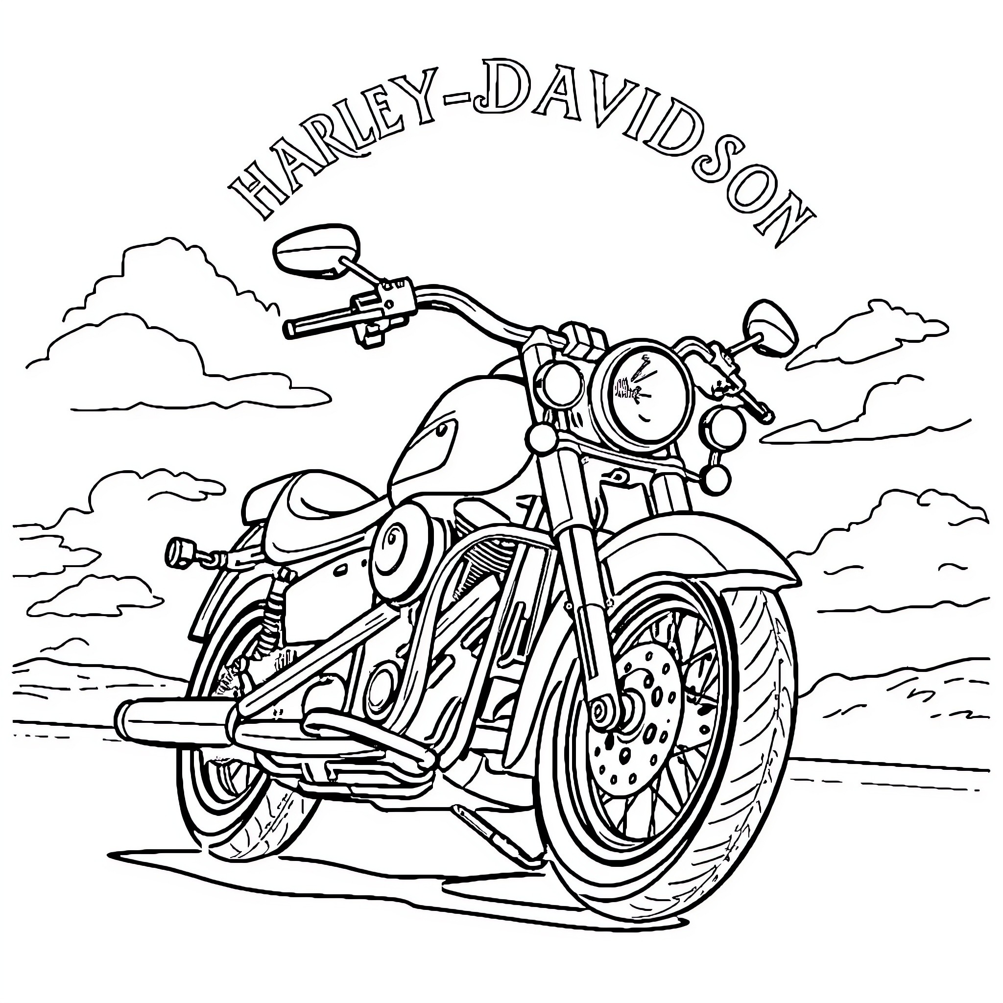 Harley-Davidson motorcycle on the open road Coloring Page (free black-and-white line drawing printable PDF for all, from beginners to advanced learners, including children, teens, adults, and seniors)