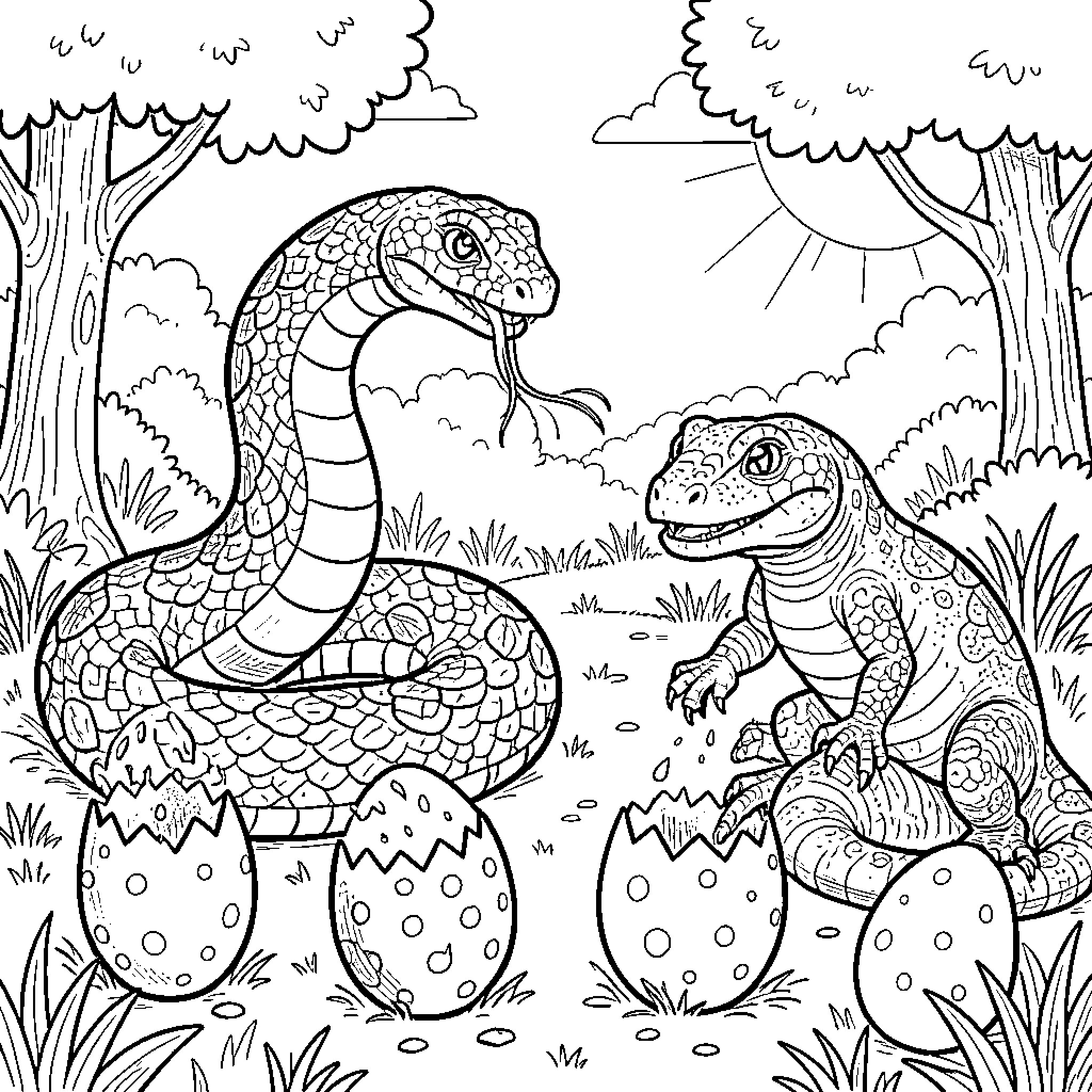 Giant Snake and Dinosaur in the Wild Coloring Page (free black-and-white line drawing printable PDF for all, from beginners to advanced learners, including children, teens, adults, and seniors)