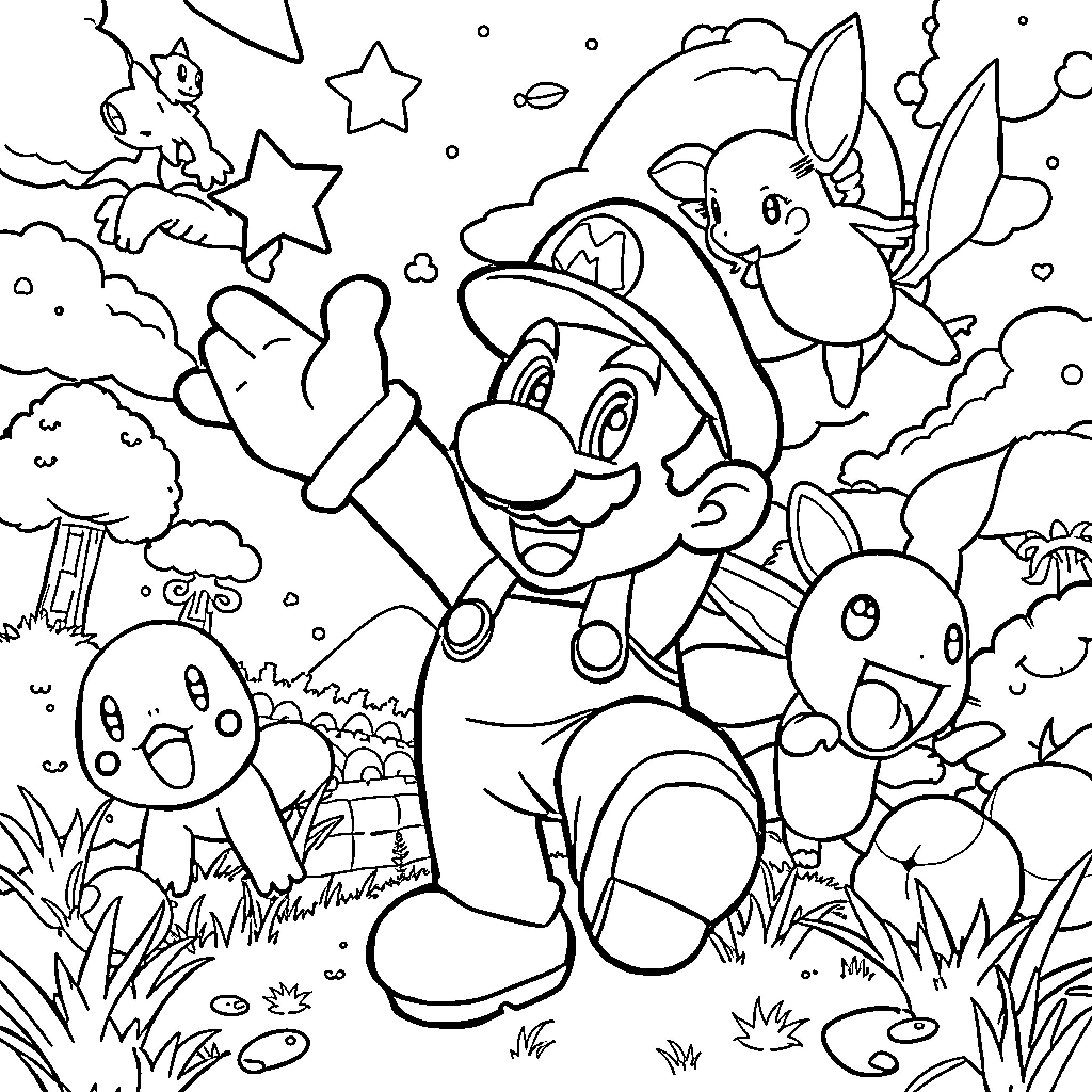 Super Mario's Magical Adventure with Friends Coloring Page (free black-and-white line drawing printable PDF for all, from beginners to advanced learners, including children, teens, adults, and seniors)
