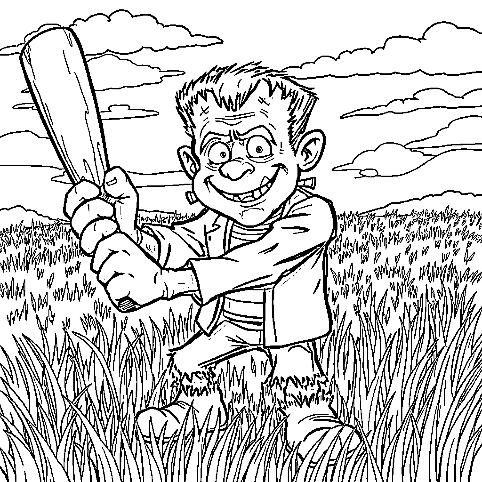Frankenstein-inspired character playing in the field Coloring Page (free black-and-white line drawing printable PDF for all, from beginners to advanced learners, including children, teens, adults, and seniors)