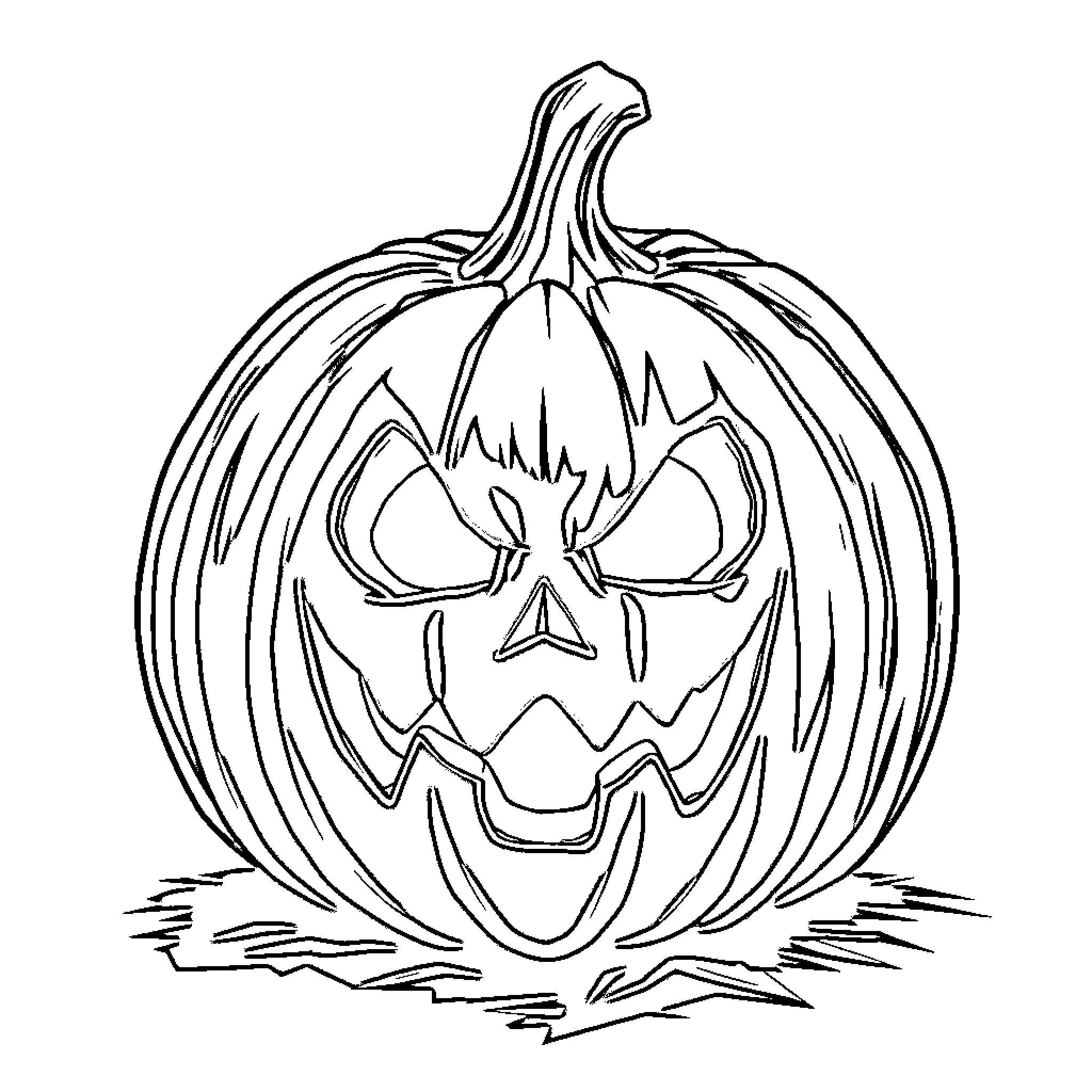 Pumpkin with frightening face Coloring Page (free black-and-white line drawing printable PDF for all, from beginners to advanced learners, including children, teens, adults, and seniors)