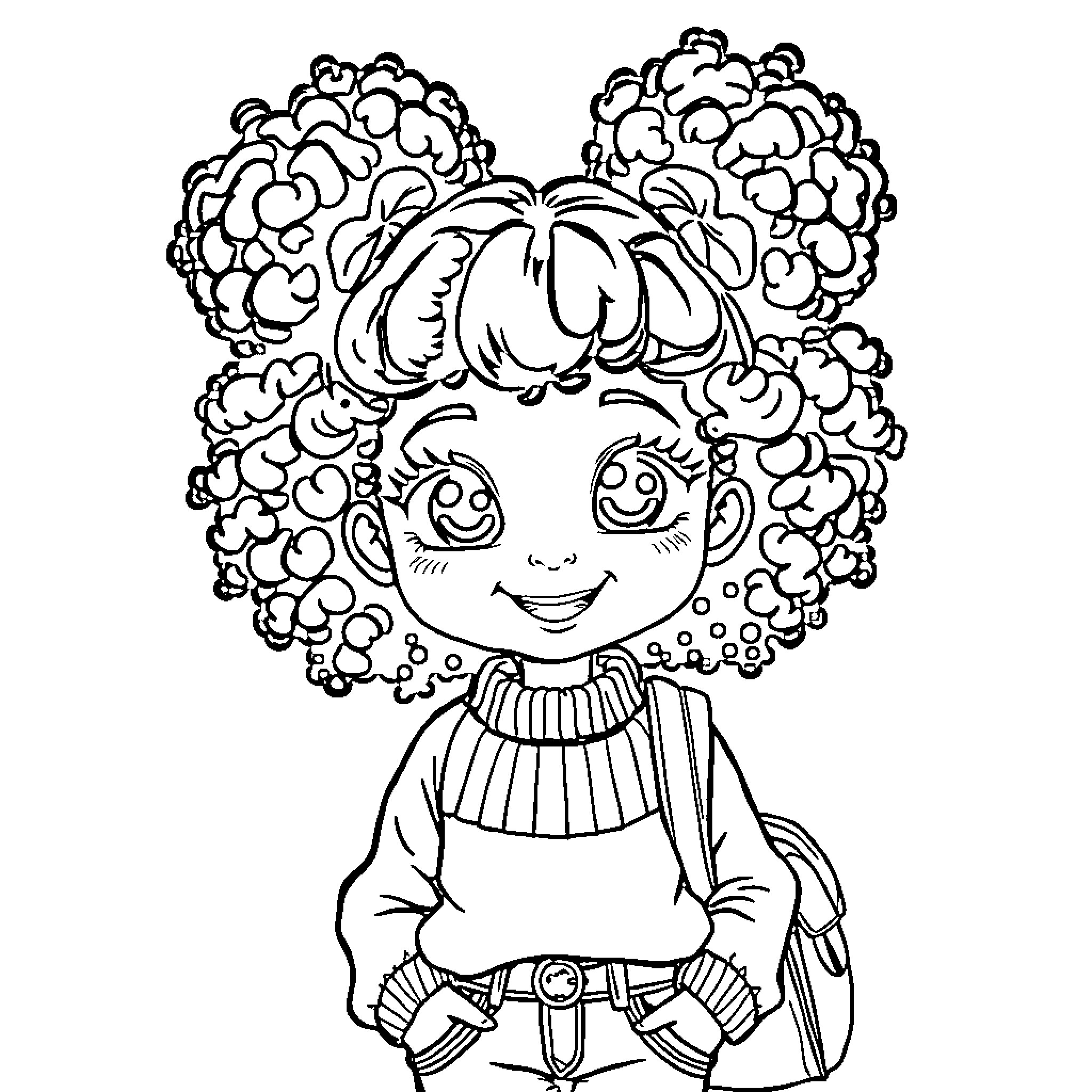 Girl with Whimsical Curly Hair and Cheerful Expression Coloring Page (free black-and-white line drawing printable PDF for all, from beginners to advanced learners, including children, teens, adults, and seniors)