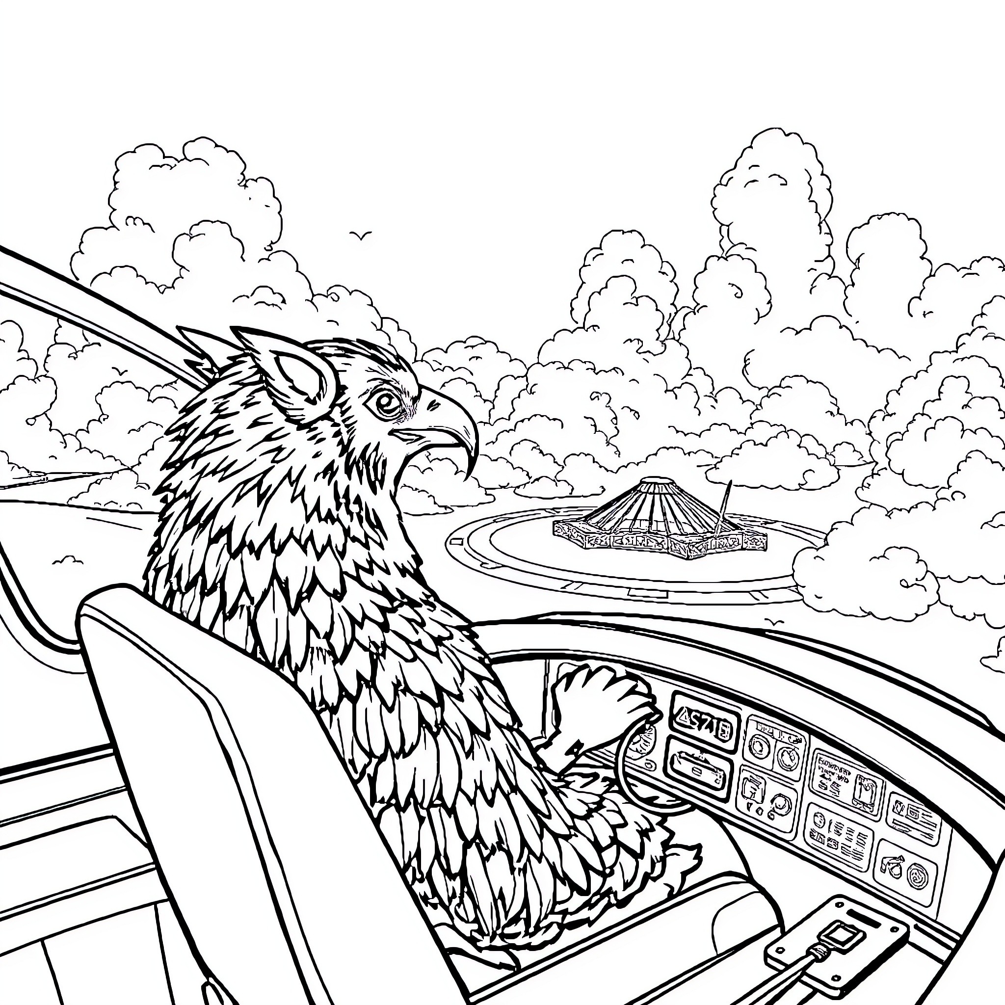 Loup Auzou's epic flight through the clouds Coloring Page (free black-and-white line drawing printable PDF for all, from beginners to advanced learners, including children, teens, adults, and seniors)