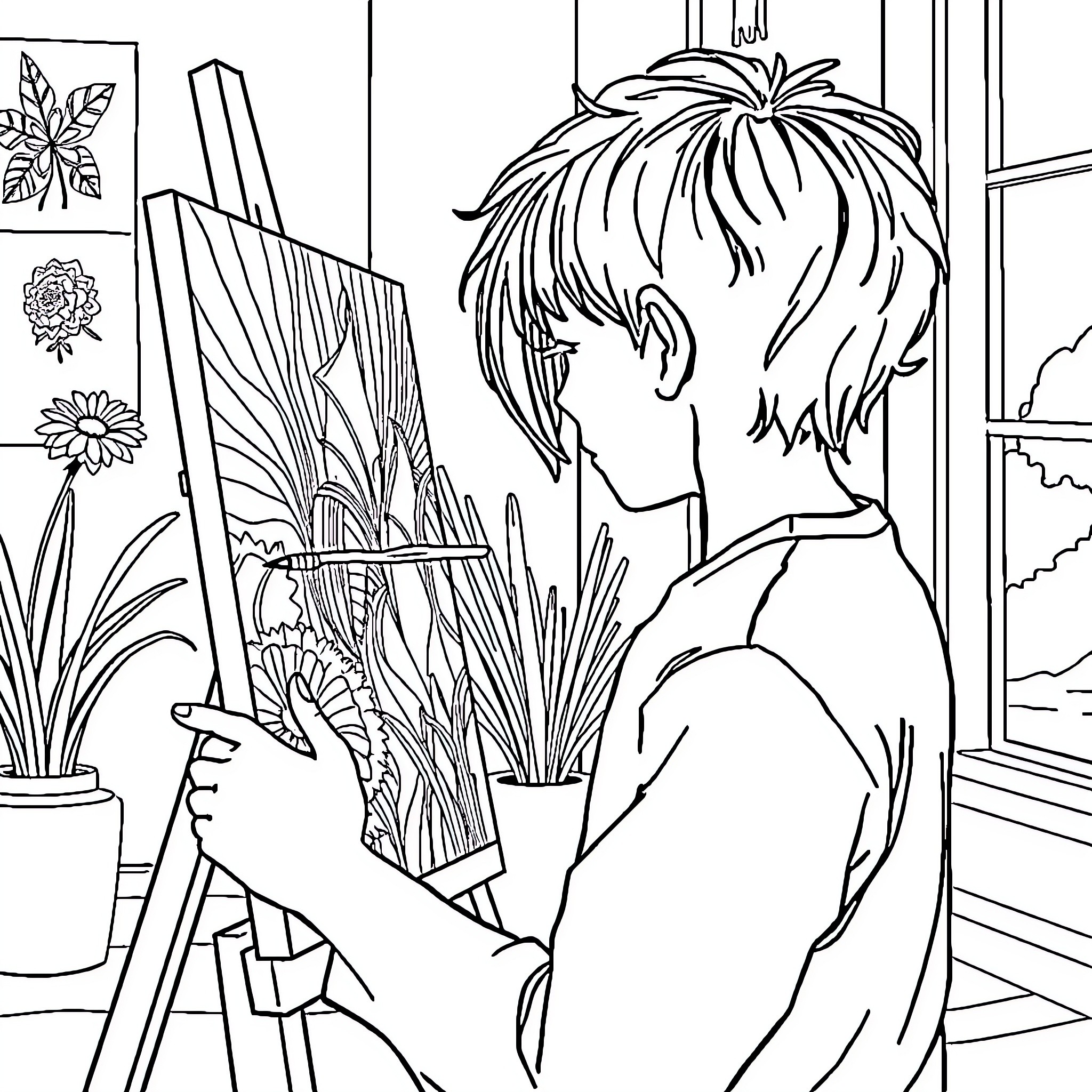 Teenager painting a nature scene in the studio Coloring Page (free black-and-white line drawing printable PDF for all, from beginners to advanced learners, including children, teens, adults, and seniors)