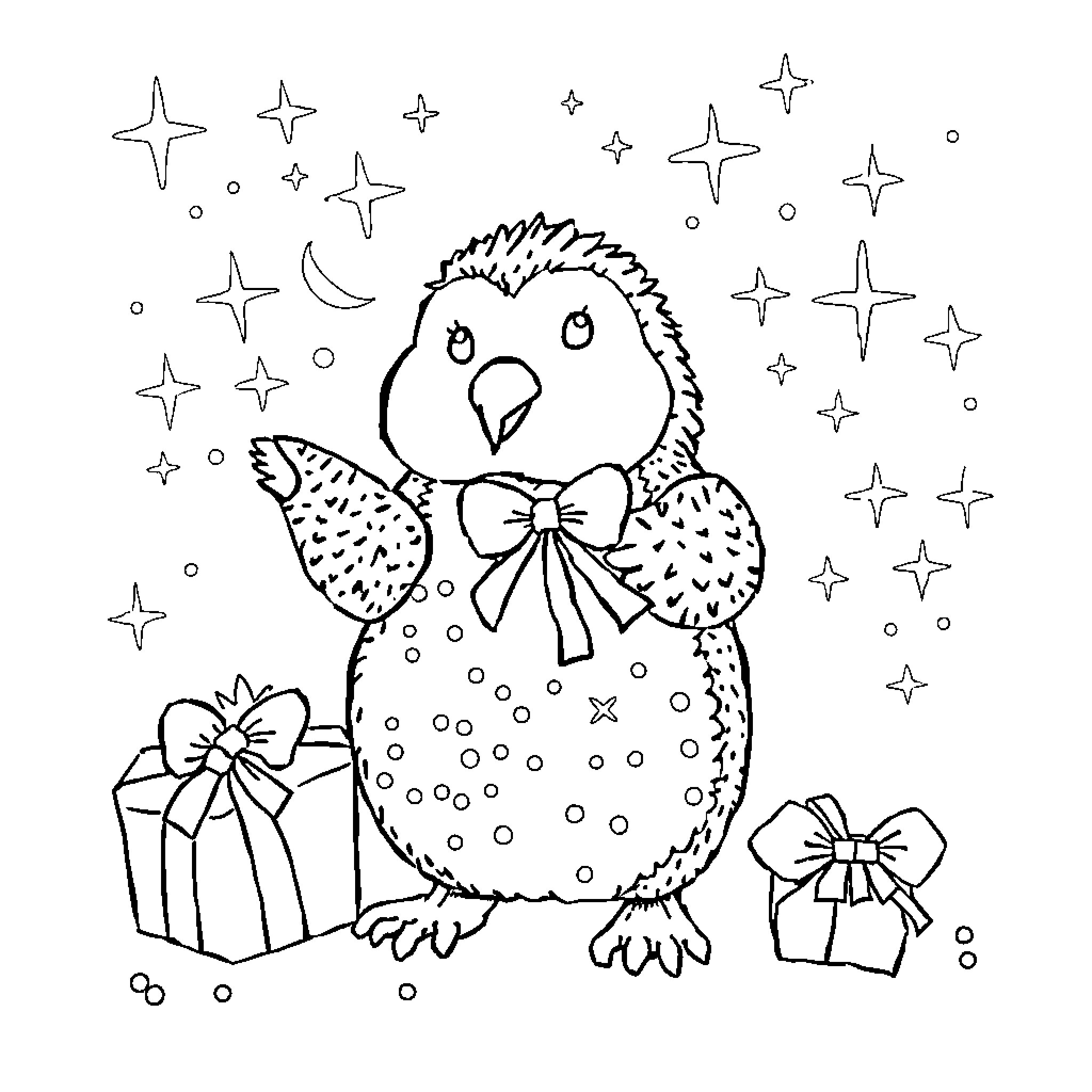 Magic Gifts with Festive Cheer Coloring Page (free black-and-white line drawing printable PDF for all, from beginners to advanced learners, including children, teens, adults, and seniors)