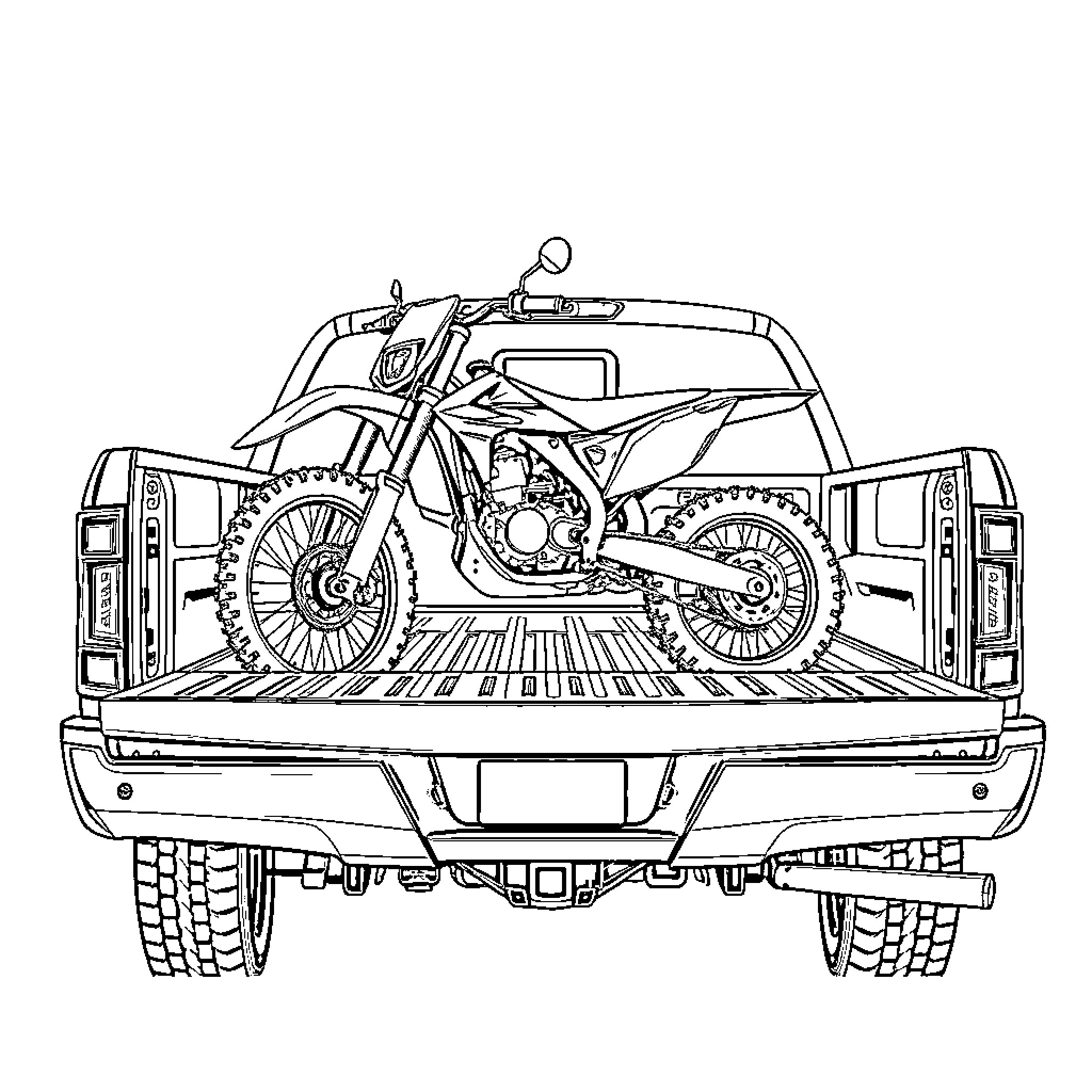 Dirt Bike loaded in the back of a pickup truck Coloring Page (free black-and-white line drawing printable PDF for all, from beginners to advanced learners, including children, teens, adults, and seniors)