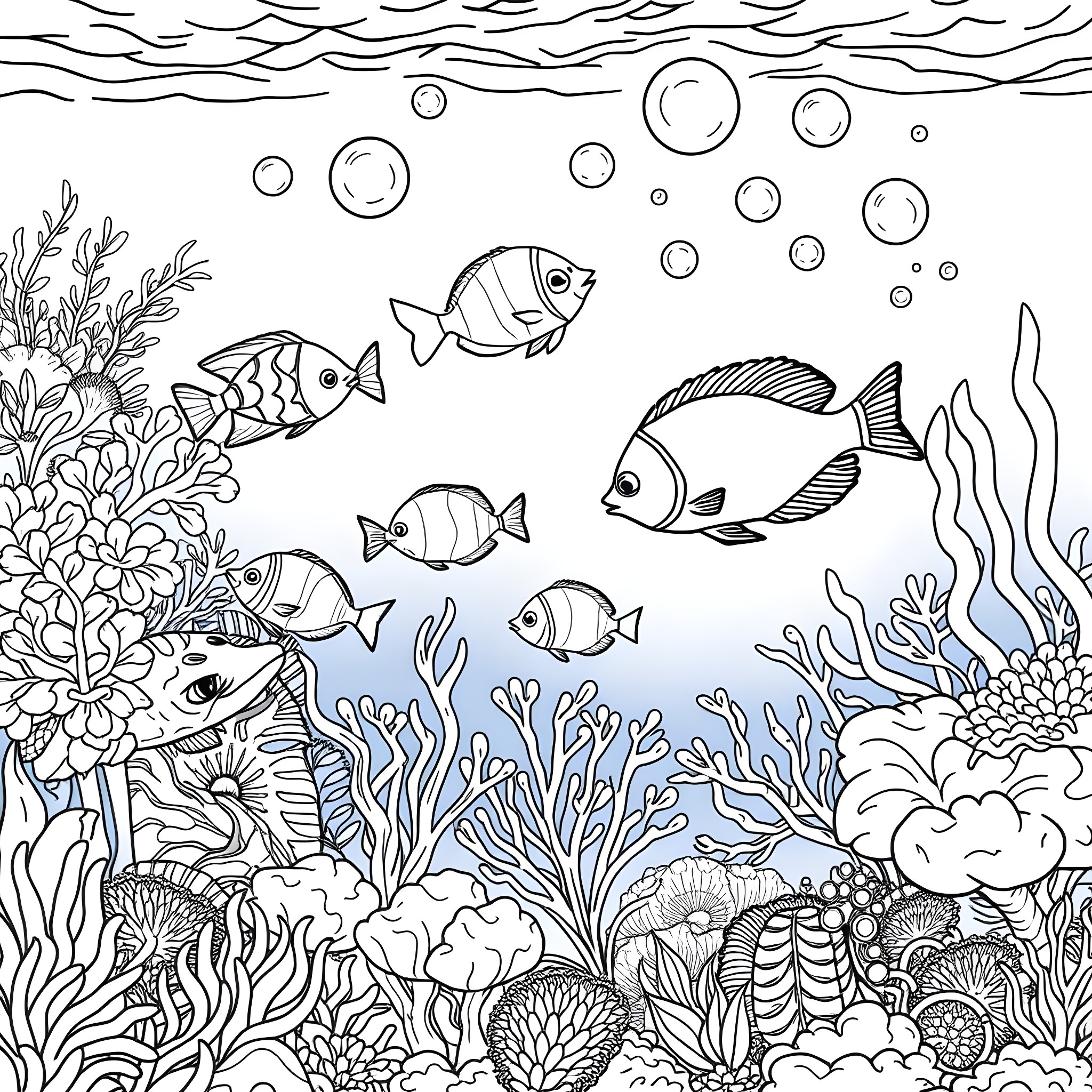 Tropical Fish Swimming Peacefully in the Underwater Coral Reef Coloring Page (free black-and-white line drawing printable PDF for all, from beginners to advanced learners, including children, teens, adults, and seniors)