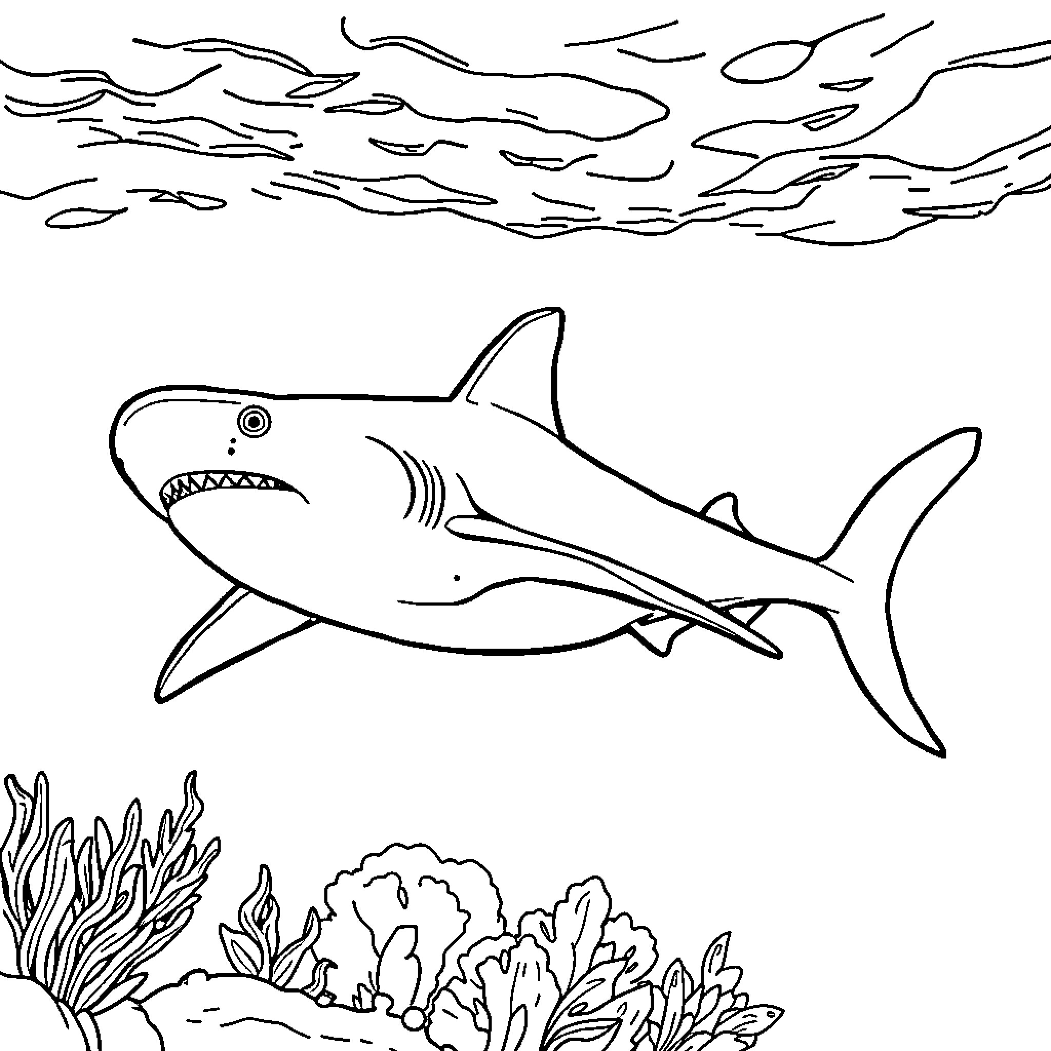 Hammerhead Shark swimming underwater Coloring Page (free black-and-white line drawing printable PDF for all, from beginners to advanced learners, including children, teens, adults, and seniors)