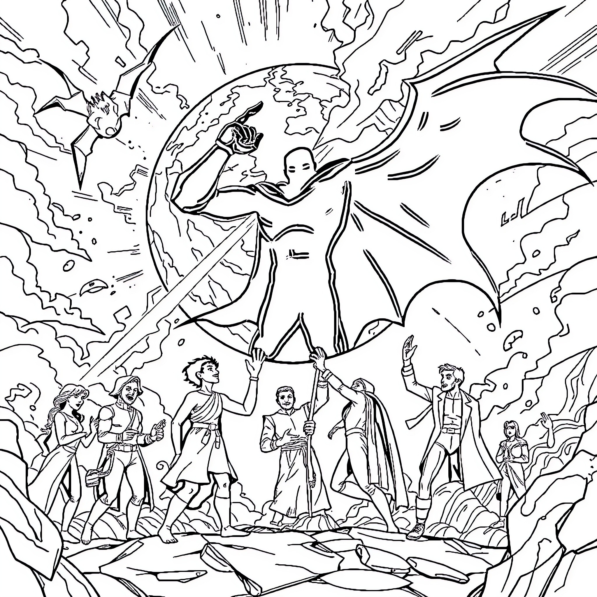 World of Superheroes and Cosmic Battles Coloring Page (free black-and-white line drawing printable PDF for all, from beginners to advanced learners, including children, teens, adults, and seniors)