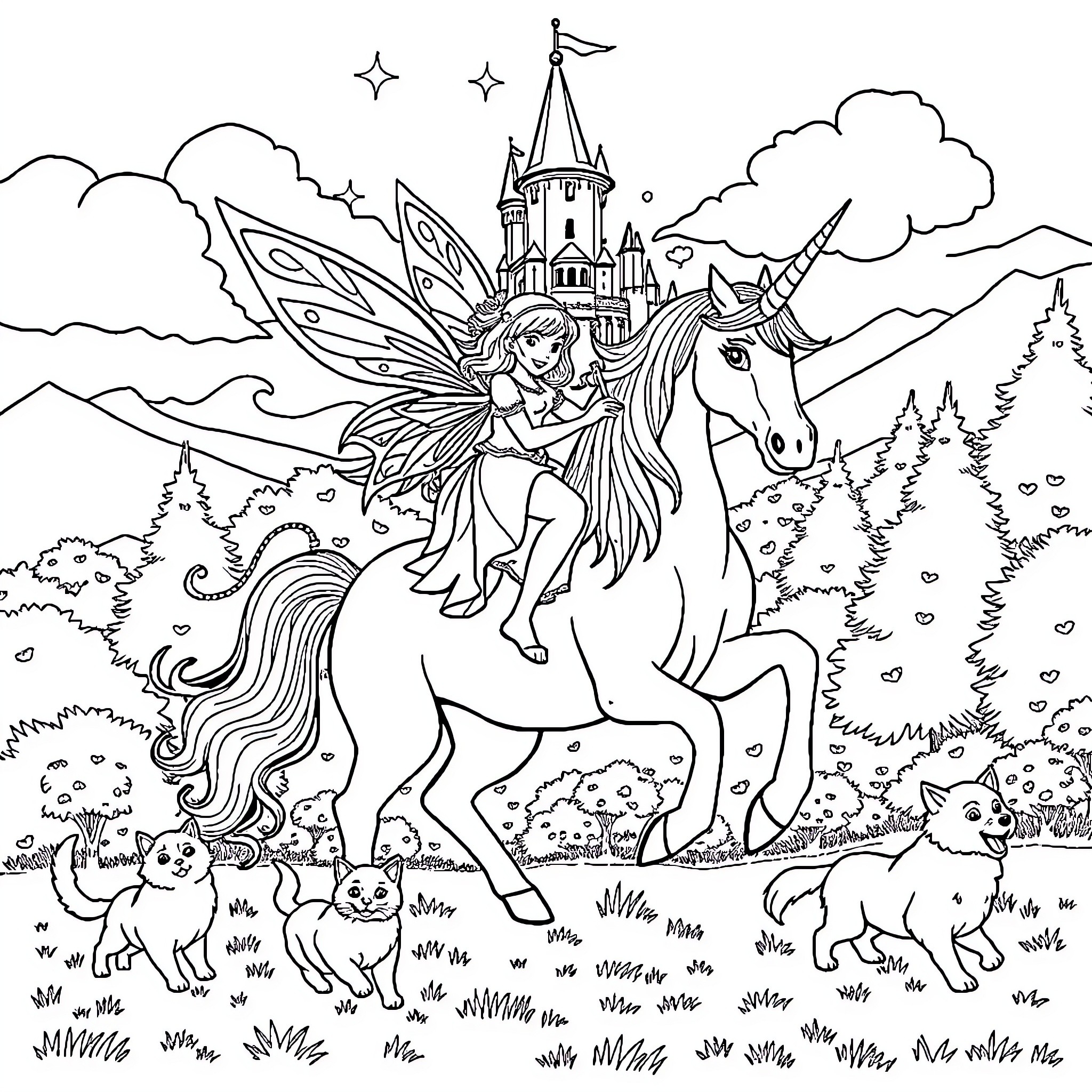 Fairy riding a unicorn with forest animals Coloring Page (free black-and-white line drawing printable PDF for all, from beginners to advanced learners, including children, teens, adults, and seniors)