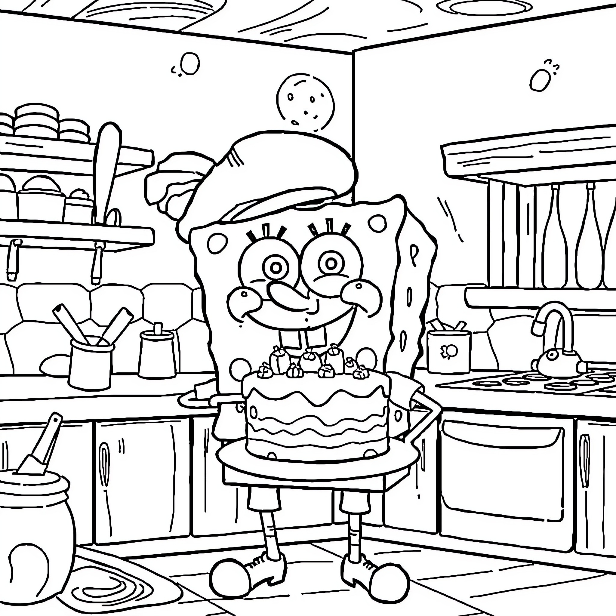 Spongebob baking a festive cake in the kitchen Coloring Page (free black-and-white line drawing printable PDF for all, from beginners to advanced learners, including children, teens, adults, and seniors)