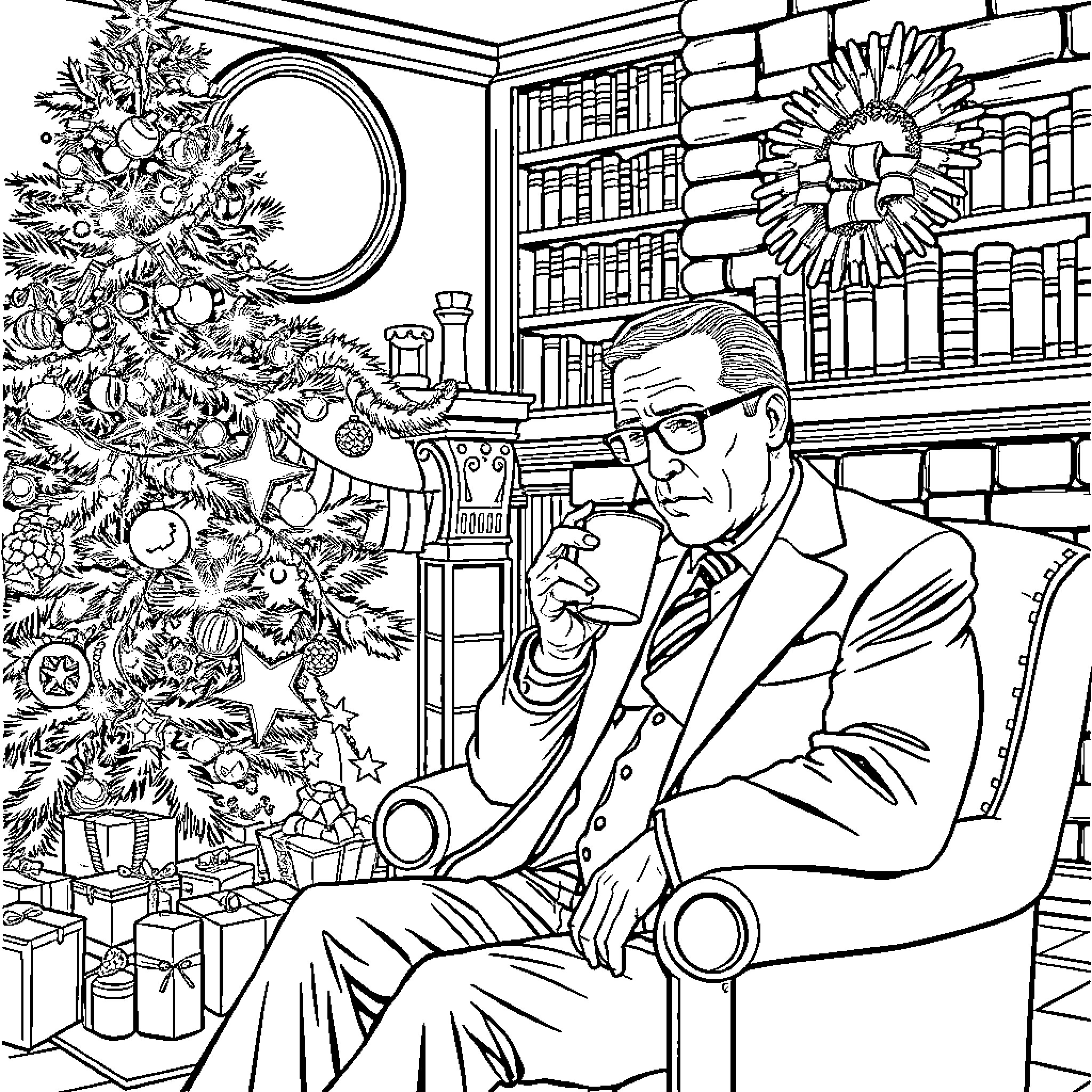 Raymond Reddington sitting in a cozy library with a decorated tree Coloring Page (free black-and-white line drawing printable PDF for all, from beginners to advanced learners, including children, teens, adults, and seniors)