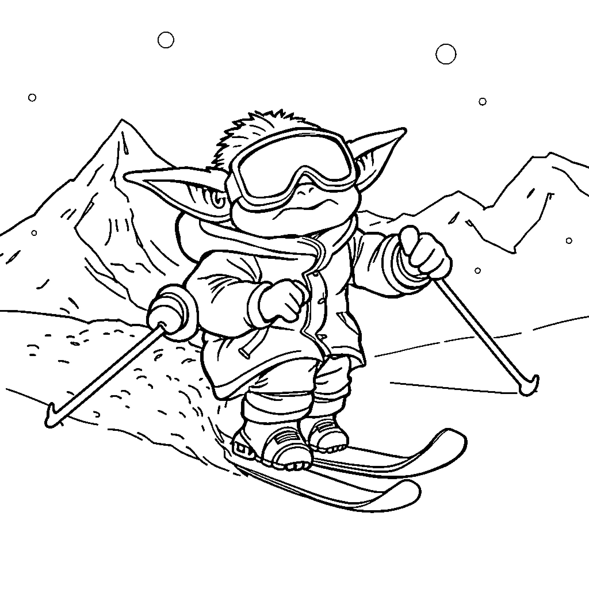Yoda skiing down the snowy mountain Coloring Page (free black-and-white line drawing printable PDF for all, from beginners to advanced learners, including children, teens, adults, and seniors)
