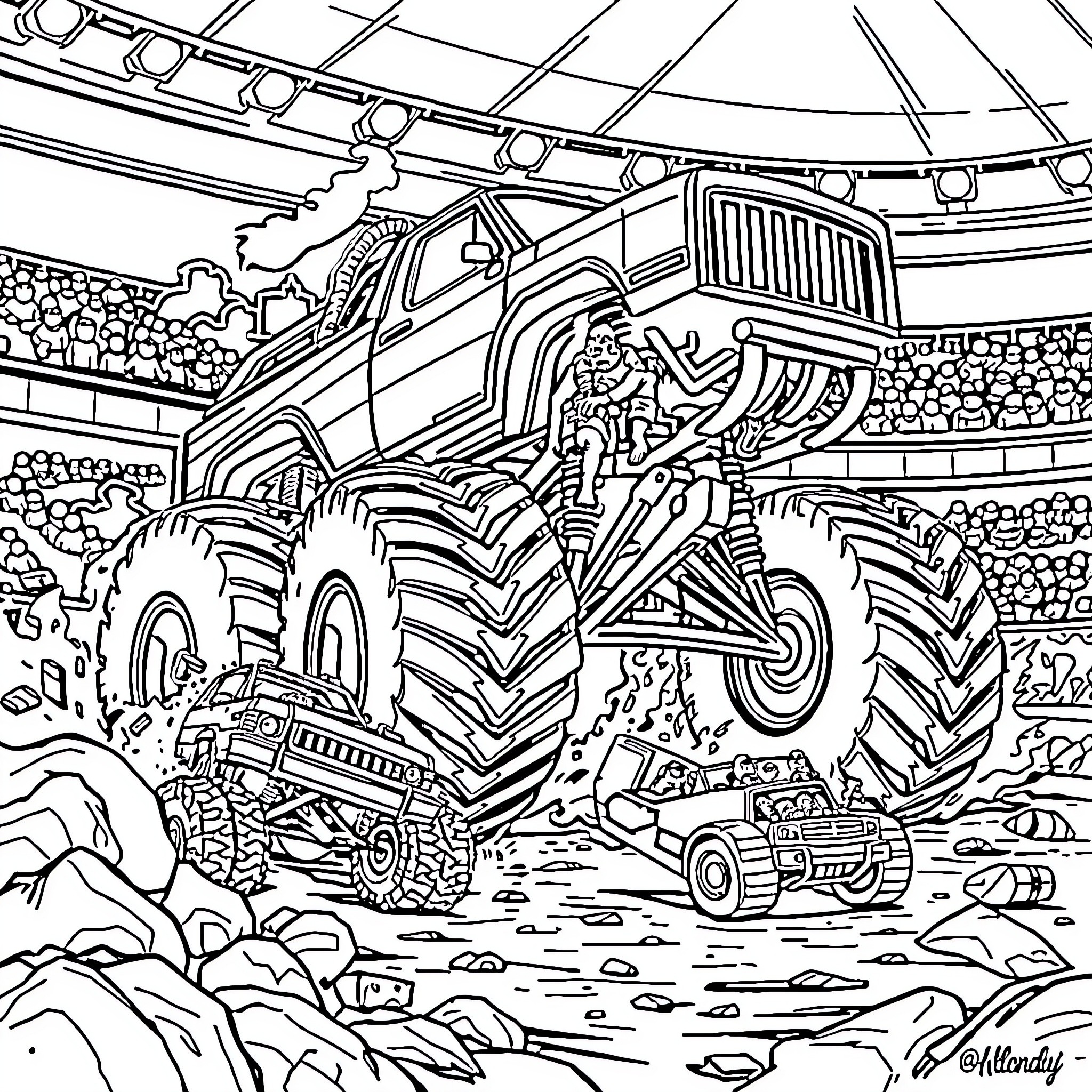 Bigfoot monster truck performing stunts in arena Coloring Page (free black-and-white line drawing printable PDF for all, from beginners to advanced learners, including children, teens, adults, and seniors)