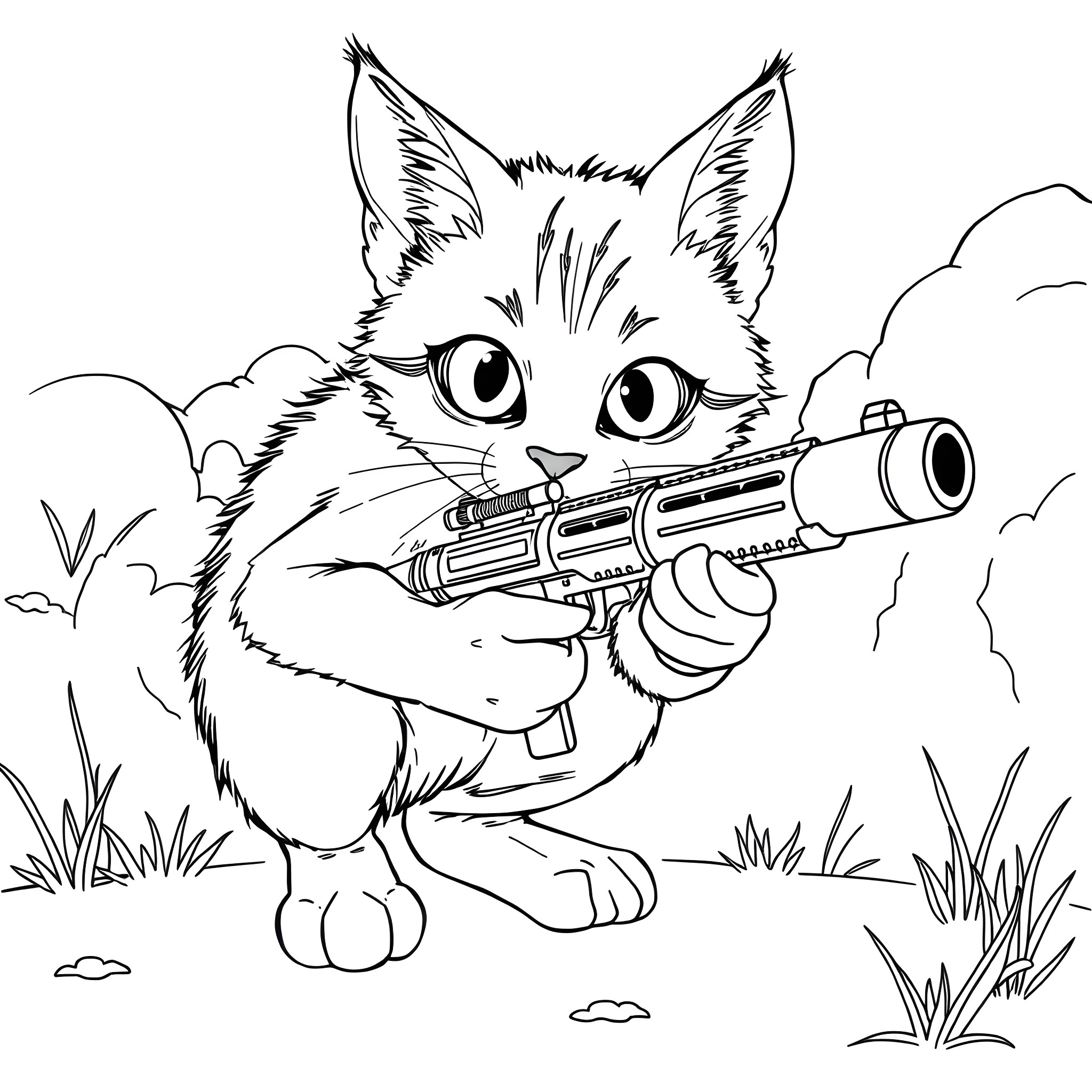 Cat with a Weapon in the Wilderness Coloring Page (free black-and-white line drawing printable PDF for all, from beginners to advanced learners, including children, teens, adults, and seniors)