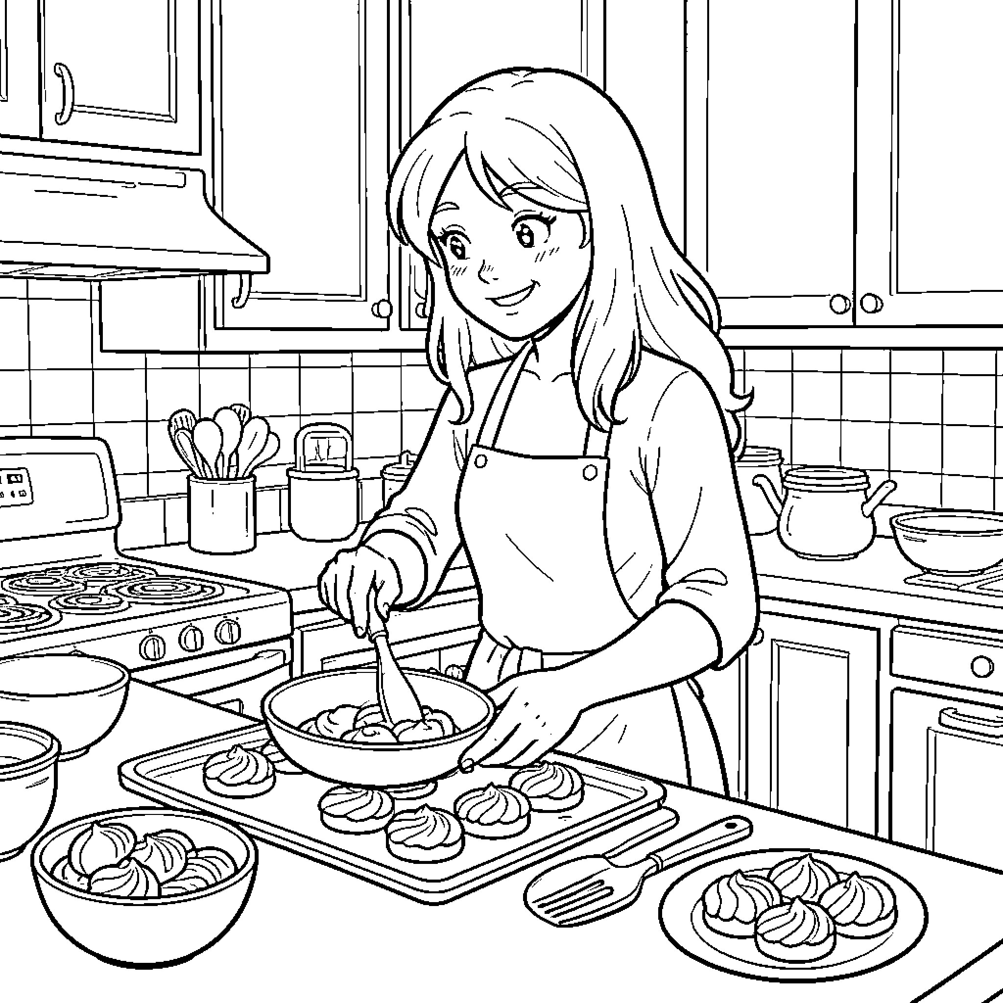 Angel girl happily baking delicious treats in the kitchen Coloring Page (free black-and-white line drawing printable PDF for all, from beginners to advanced learners, including children, teens, adults, and seniors)