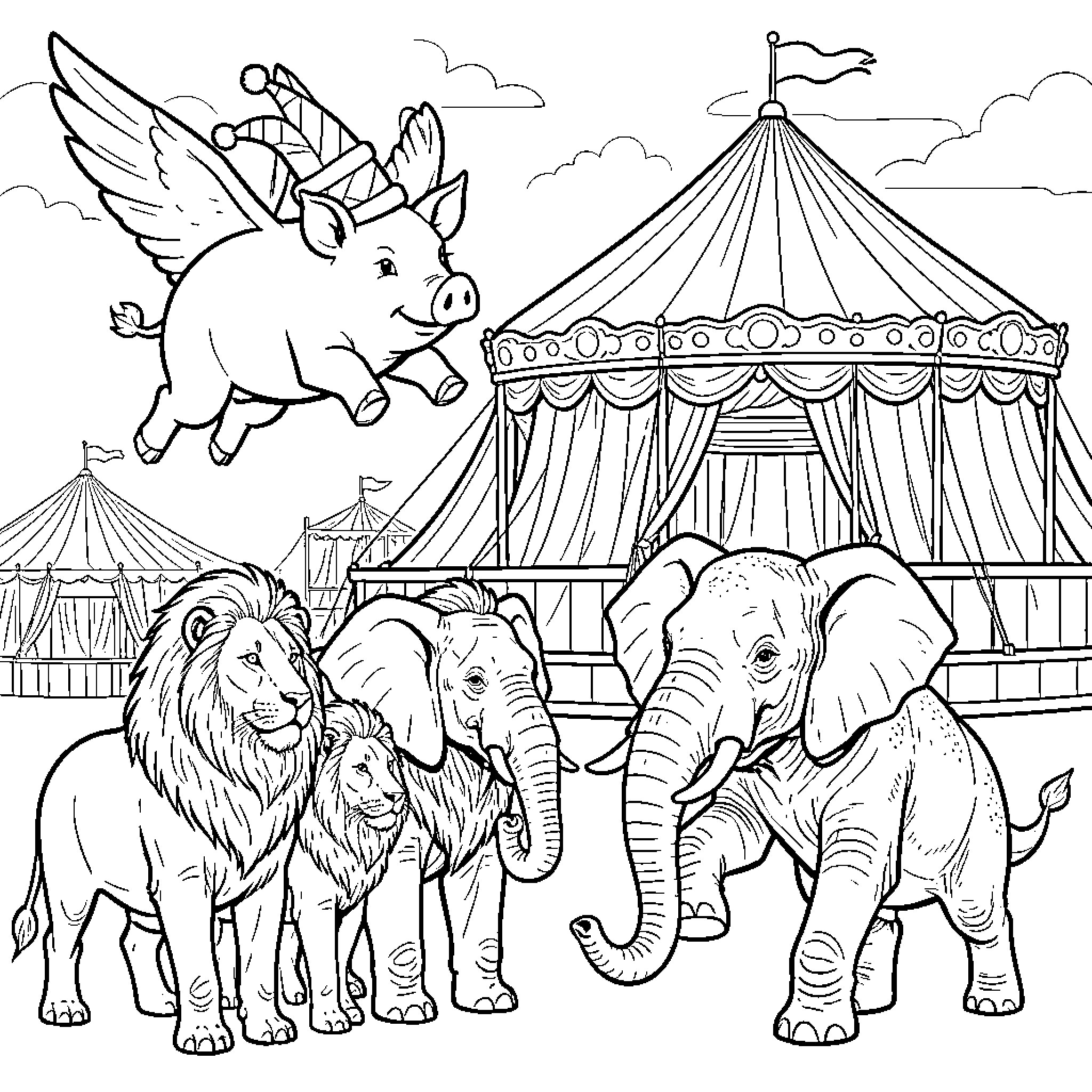 Cerdo circus animals performing in the tent Coloring Page (free black-and-white line drawing printable PDF for all, from beginners to advanced learners, including children, teens, adults, and seniors)