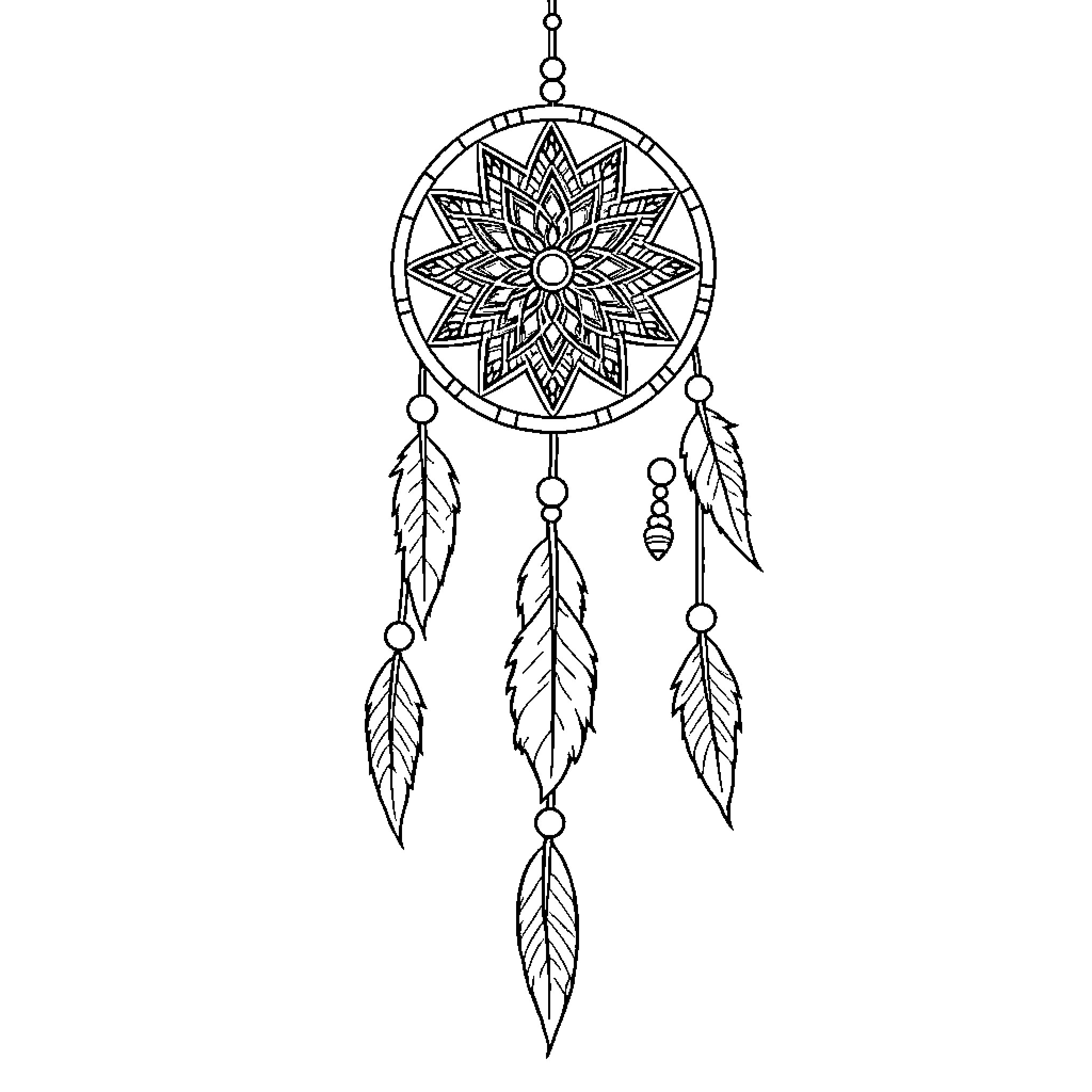 Dreamcatcher with intricate floral design and feathers Coloring Page (free black-and-white line drawing printable PDF for all, from beginners to advanced learners, including children, teens, adults, and seniors)