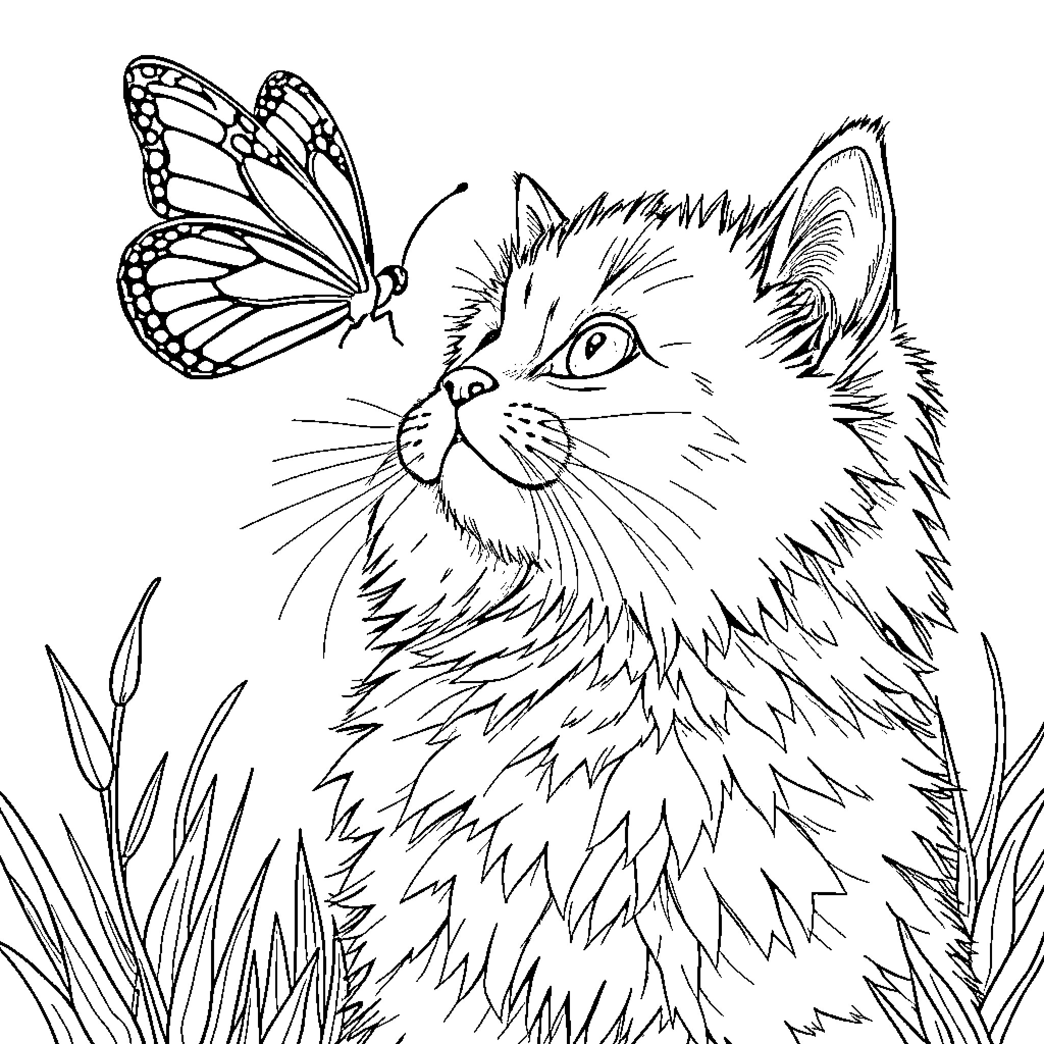Cat observing a butterfly in the garden Coloring Page (free black-and-white line drawing printable PDF for all, from beginners to advanced learners, including children, teens, adults, and seniors)