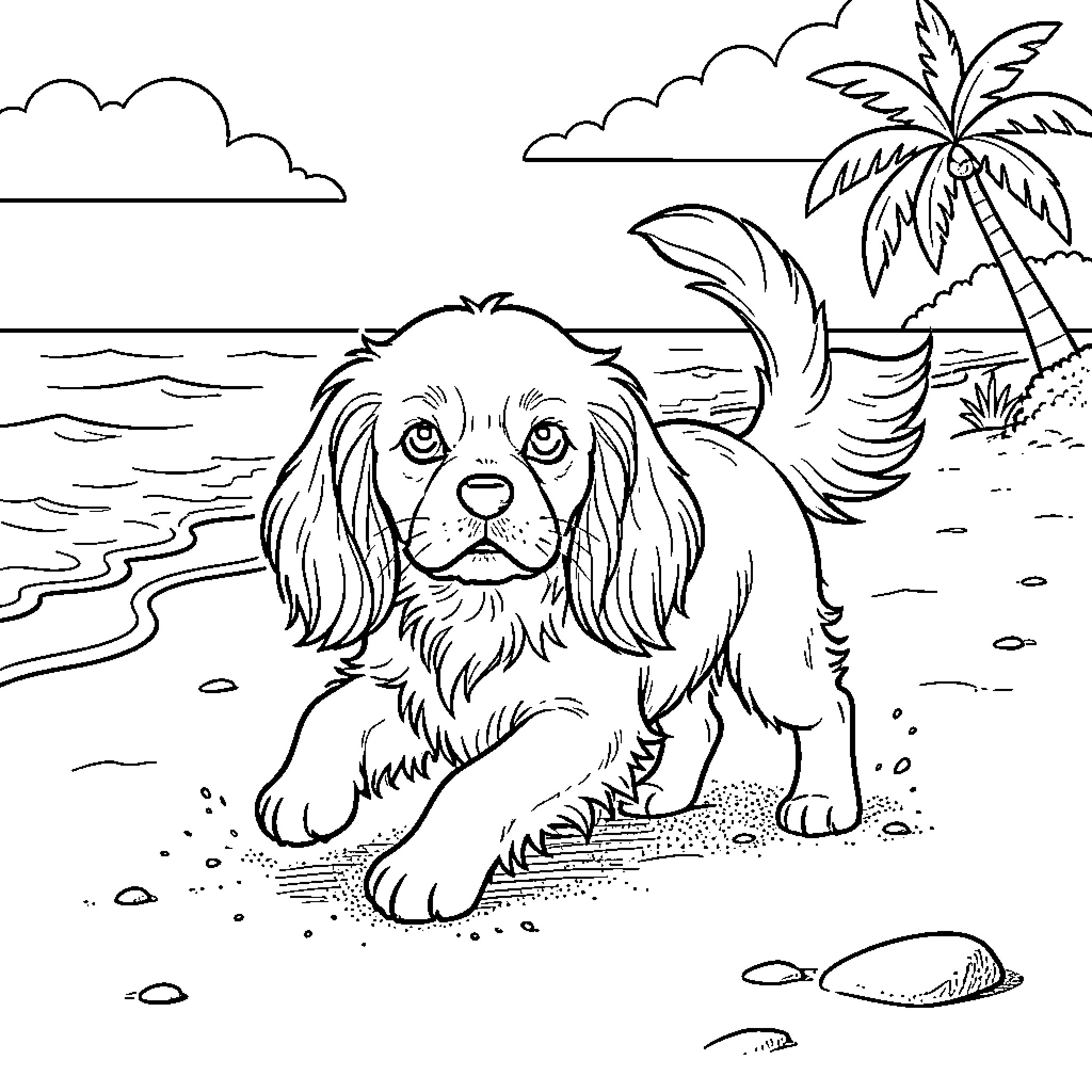 Puppy lounging happily on a tropical beach Coloring Page (free black-and-white line drawing printable PDF for all, from beginners to advanced learners, including children, teens, adults, and seniors)