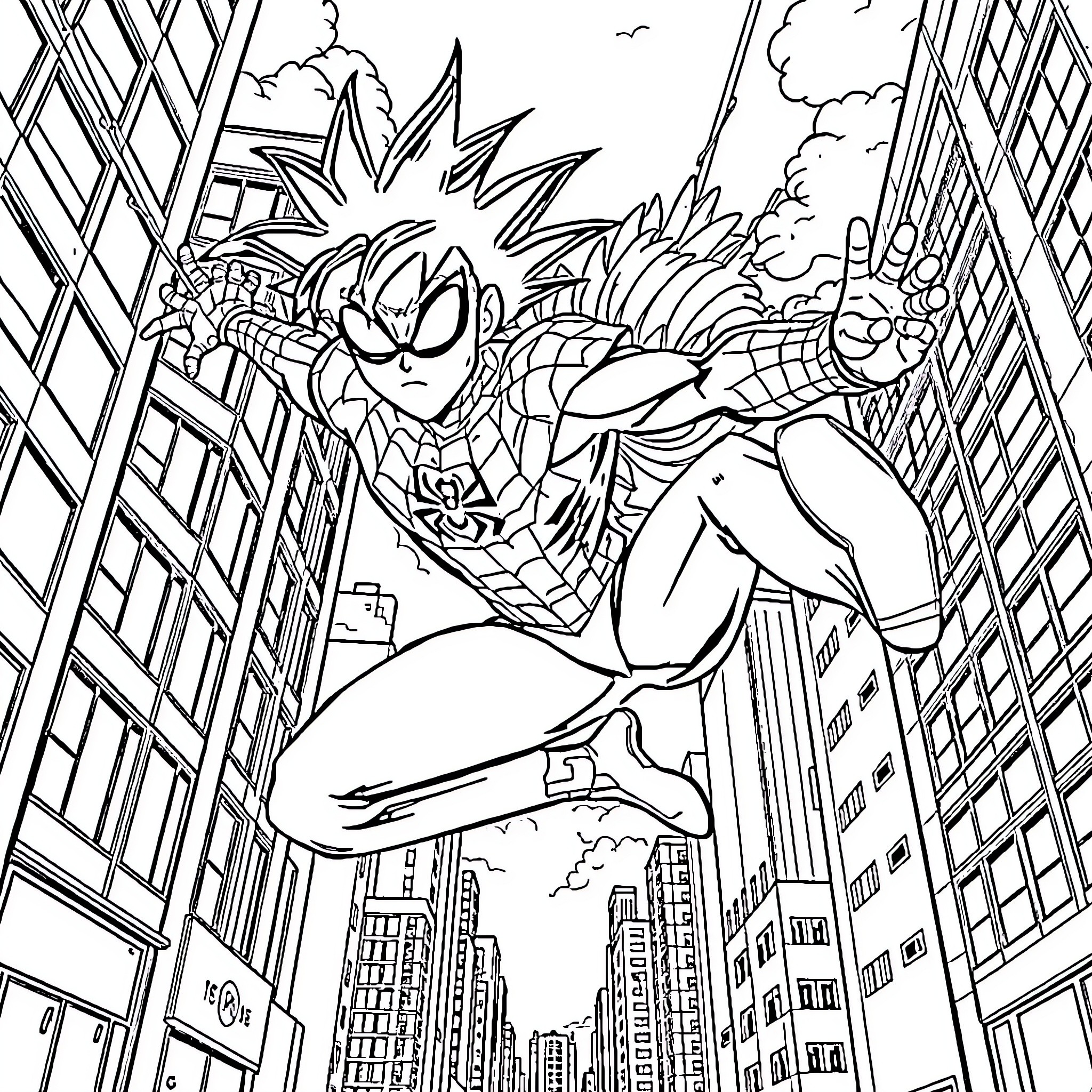 Spiderman swinging through the city in action Coloring Page (free black-and-white line drawing printable PDF for all, from beginners to advanced learners, including children, teens, adults, and seniors)