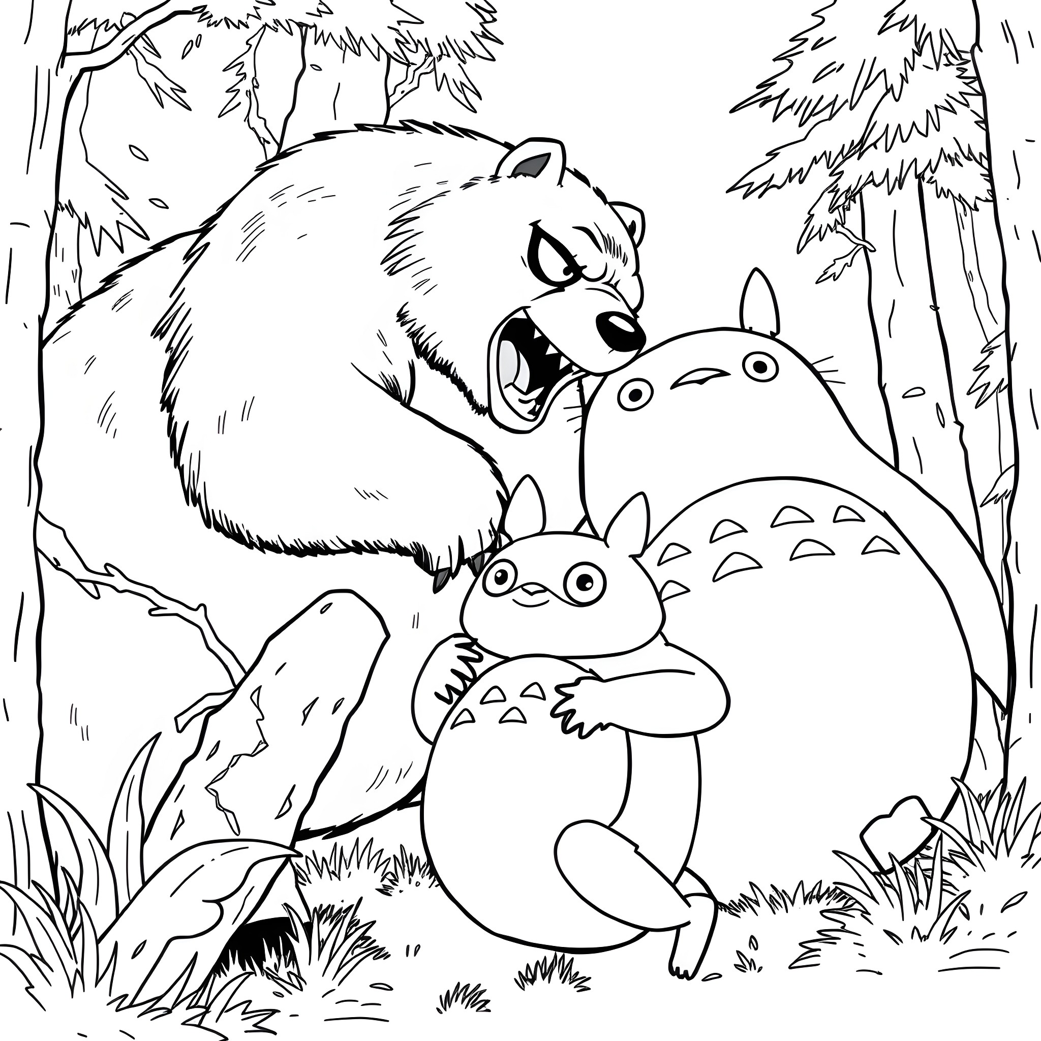 Spider-Man discovers Totoro and forest friends in the wilderness Coloring Page (free black-and-white line drawing printable PDF for all, from beginners to advanced learners, including children, teens, adults, and seniors)