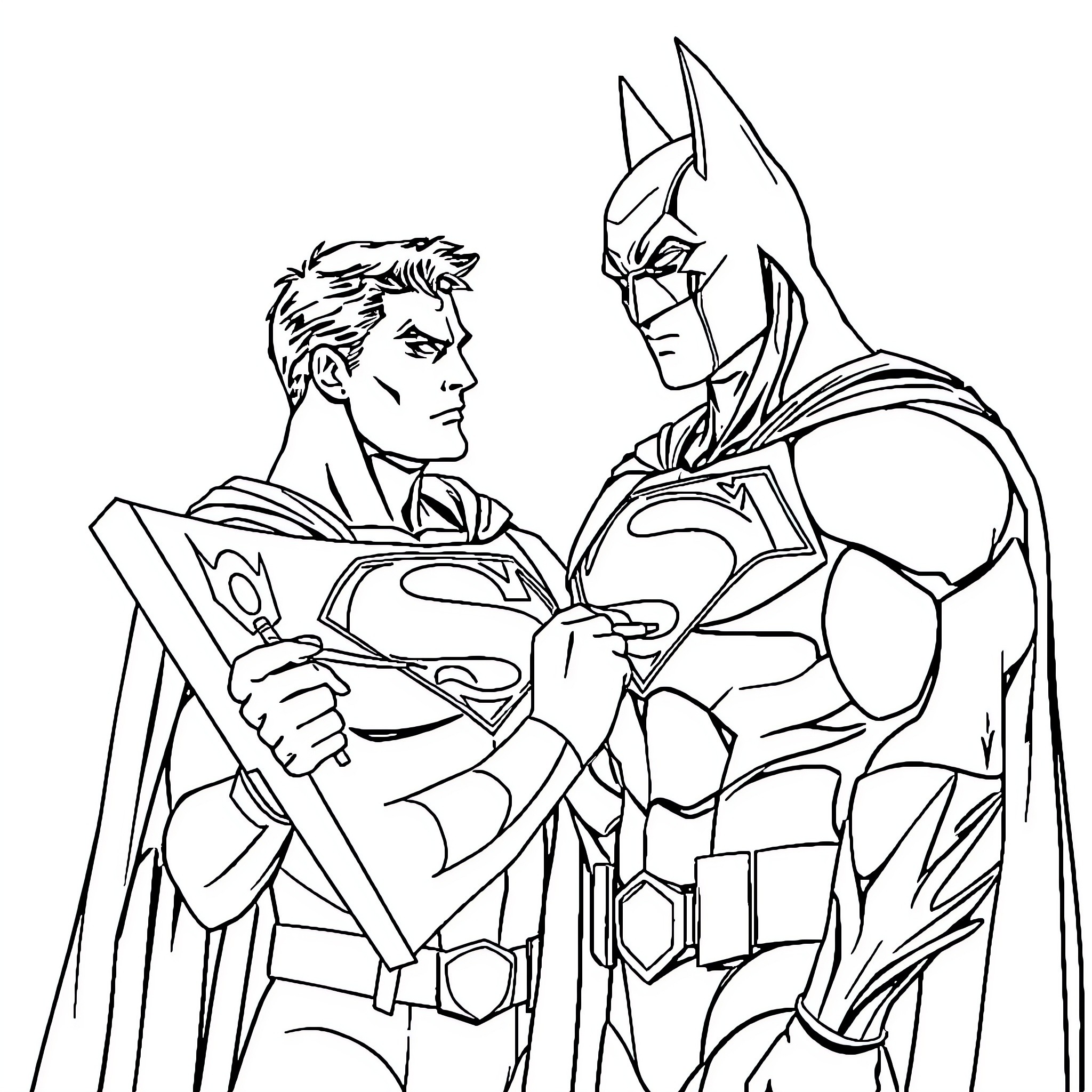 Superman and Batman in heroic poses Coloring Page (free black-and-white line drawing printable PDF for all, from beginners to advanced learners, including children, teens, adults, and seniors)